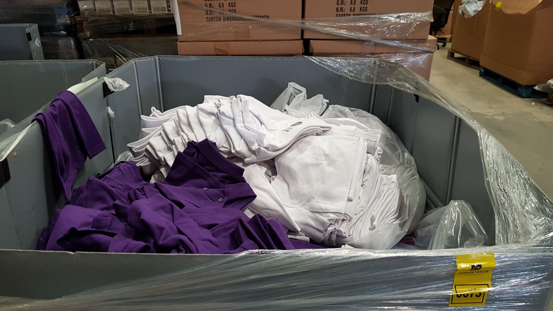 3/4 PALLET FULL OF SCHOOL CLOTHING IE, WHITE POLO SHIRTS, PURPLE POLO SHIRTS, WHITE SHORT SLEEVED