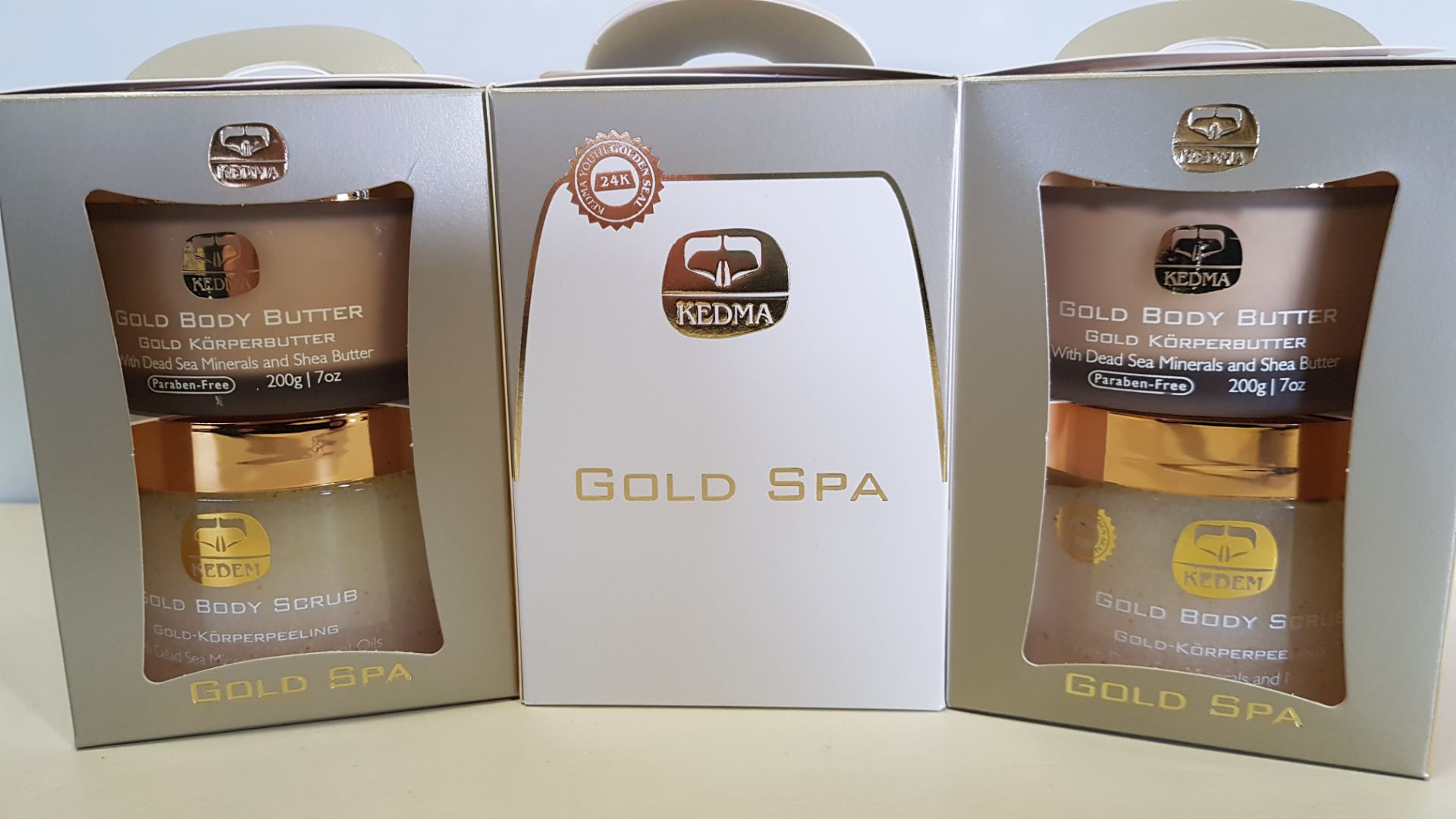 3 X BRAND NEW BOXED KEDMA GOLD SPA KIT CONTAINING 24K GOLD BODY BUTTER WITH DEAD SEA MINERALS AND