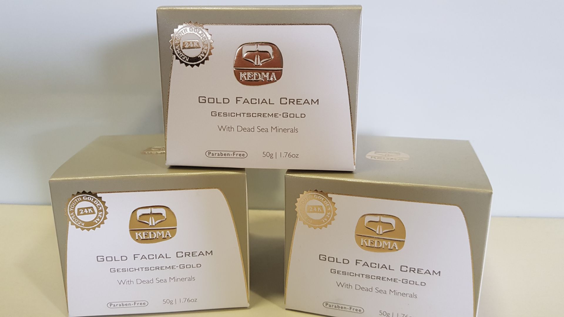 3 X BRAND NEW BOXED KEDMA 24K GOLD FACIAL CREAM WITH DEAD SEA MINERALS (50G) TOTAL RRP $2,639.85