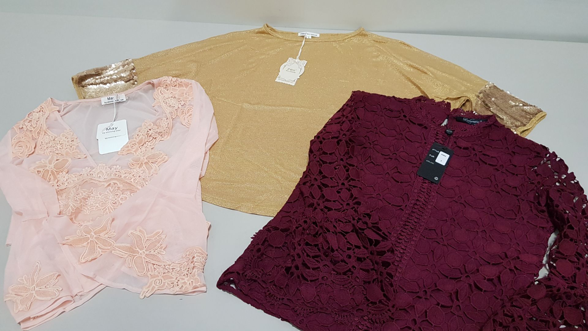 30 PIECE CLOTHING LOT CONTAINING MAY NUDE TOPS, LULU MARY MAROON DRESSES AND MAY RED DRESSES ETC