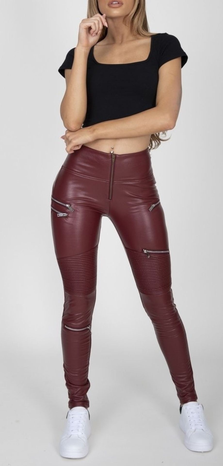 9 X BRAND NEW HUGZ JEANS DESIGNER BRANDED WINE COL FAUX LEATHER BIKER PANTS HIGH WAIST SIZE 8 -