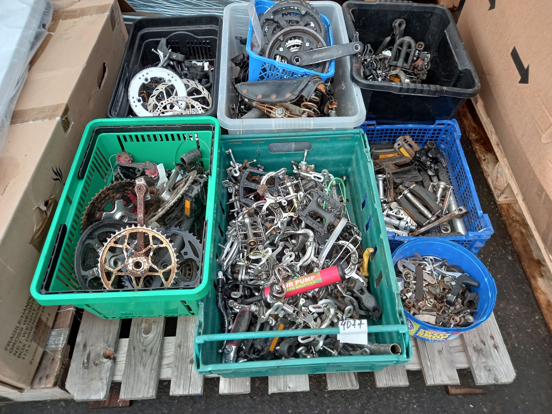 6 X TRAYS CONTAINING MISC SECOND HAND BIKE PARTS