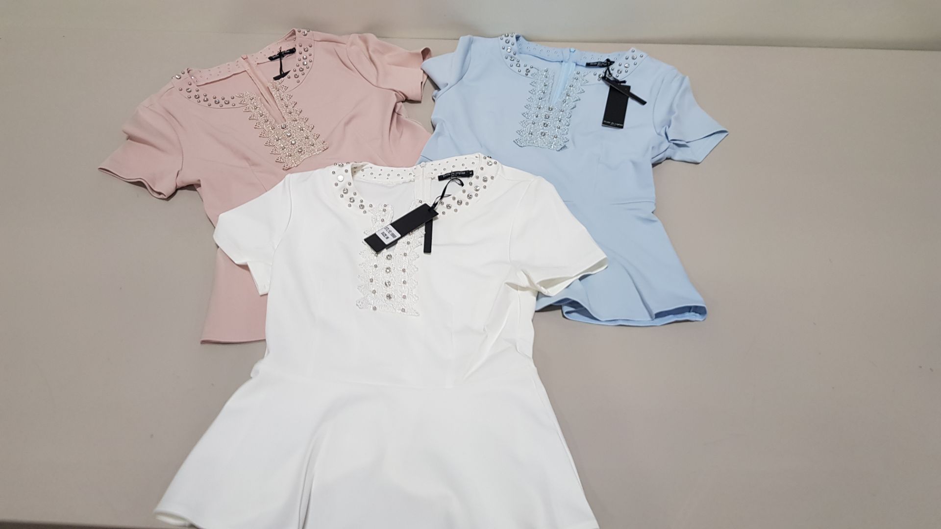 20 X BRAND NEW DROLE DE COPINE NUDE, LIGHT BLUE AND WHITE STUDDED TOPS IN VARIOUS SIZES