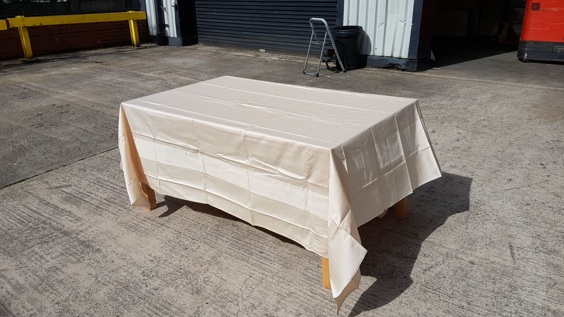 40 X BRAND NEW SAND SATIN POLYESTER TYPE TABLECLOTHS 230CM X 230CM - IN 2 TRAYS (NOT INCLUDED)