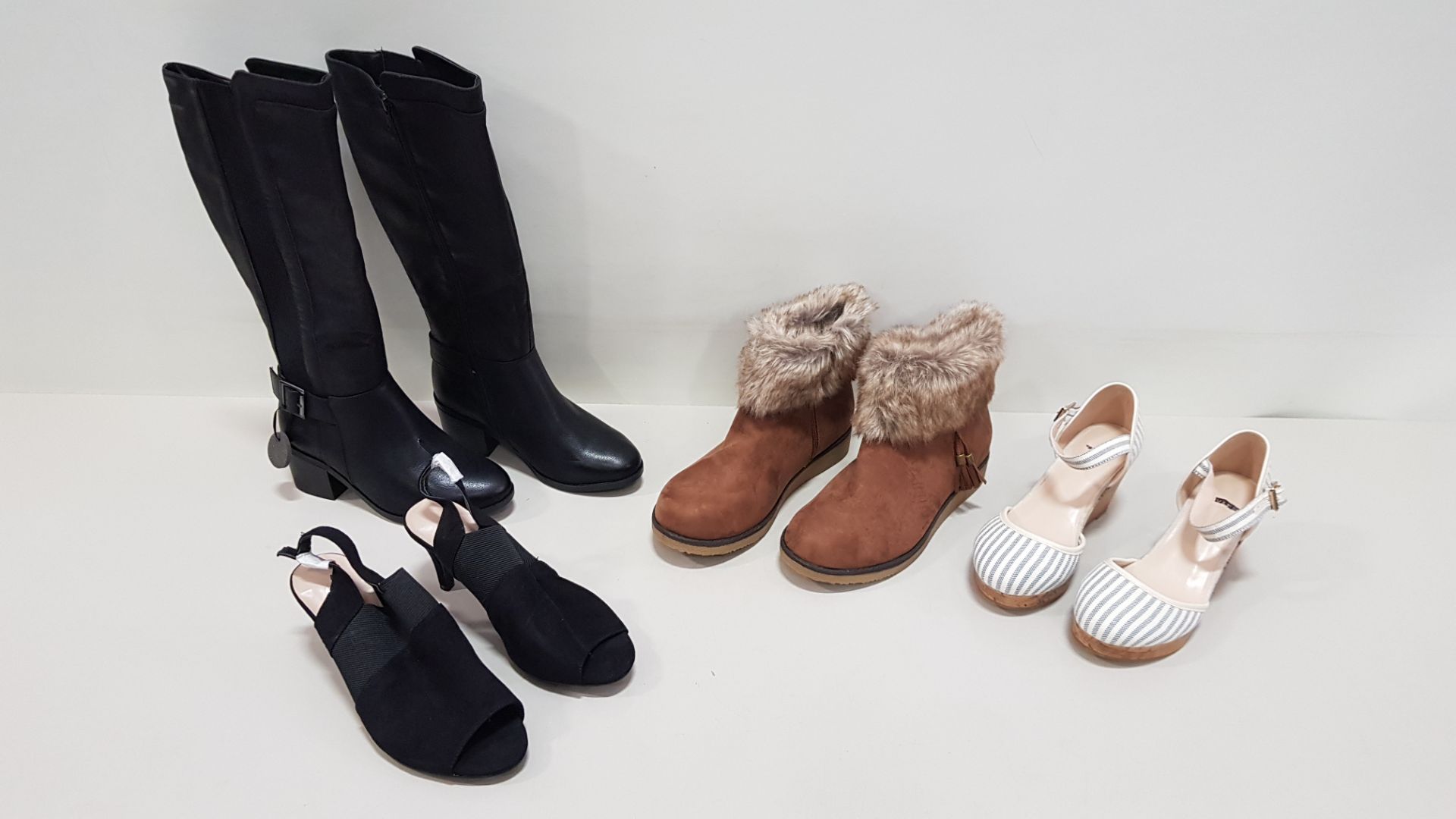12 PIECE MIXED TOPSHOP SHOE LOT CONTAINING WIDE FIT HEELED SHOES, FAUX FUR BOOTS, SILVER HEELED