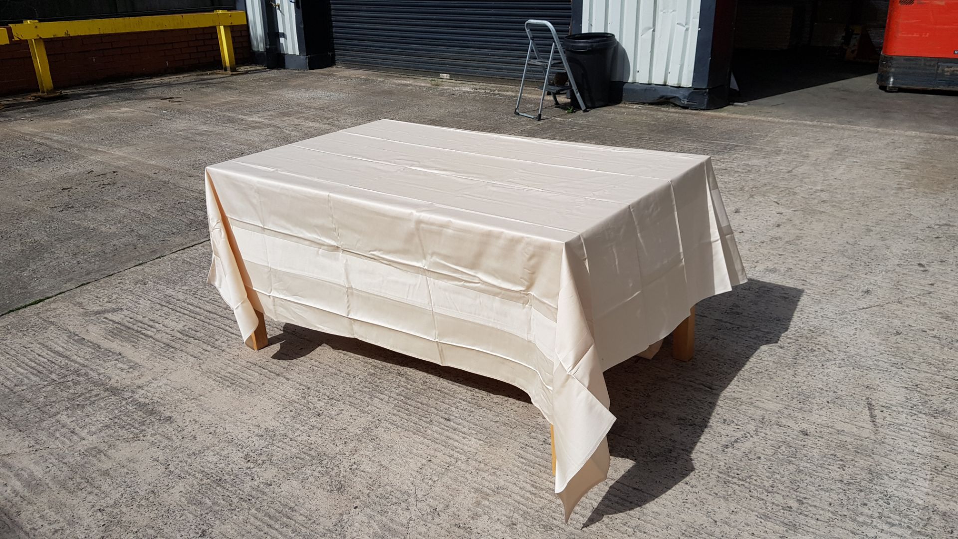 40 X BRAND NEW SAND SATIN POLYESTER TYPE TABLECLOTHS 230CM X 230CM - IN 2 TRAYS (NOT INCLUDED)