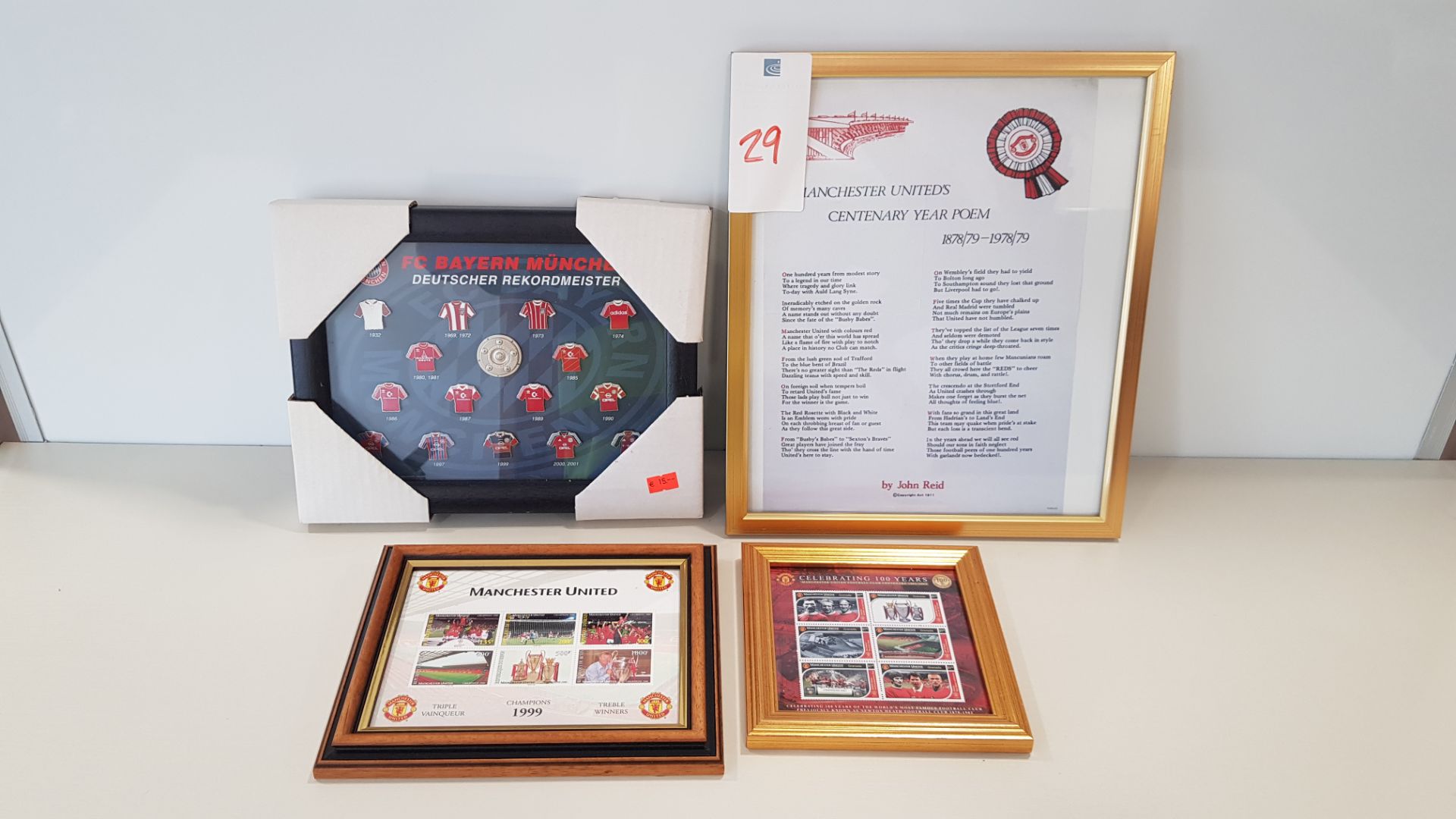 4 X PICTURES OF MANCHESTER UNITED TO INCLUDE - CENTENARY YEAR POEM, TREBLE WINNERS STAMPS,