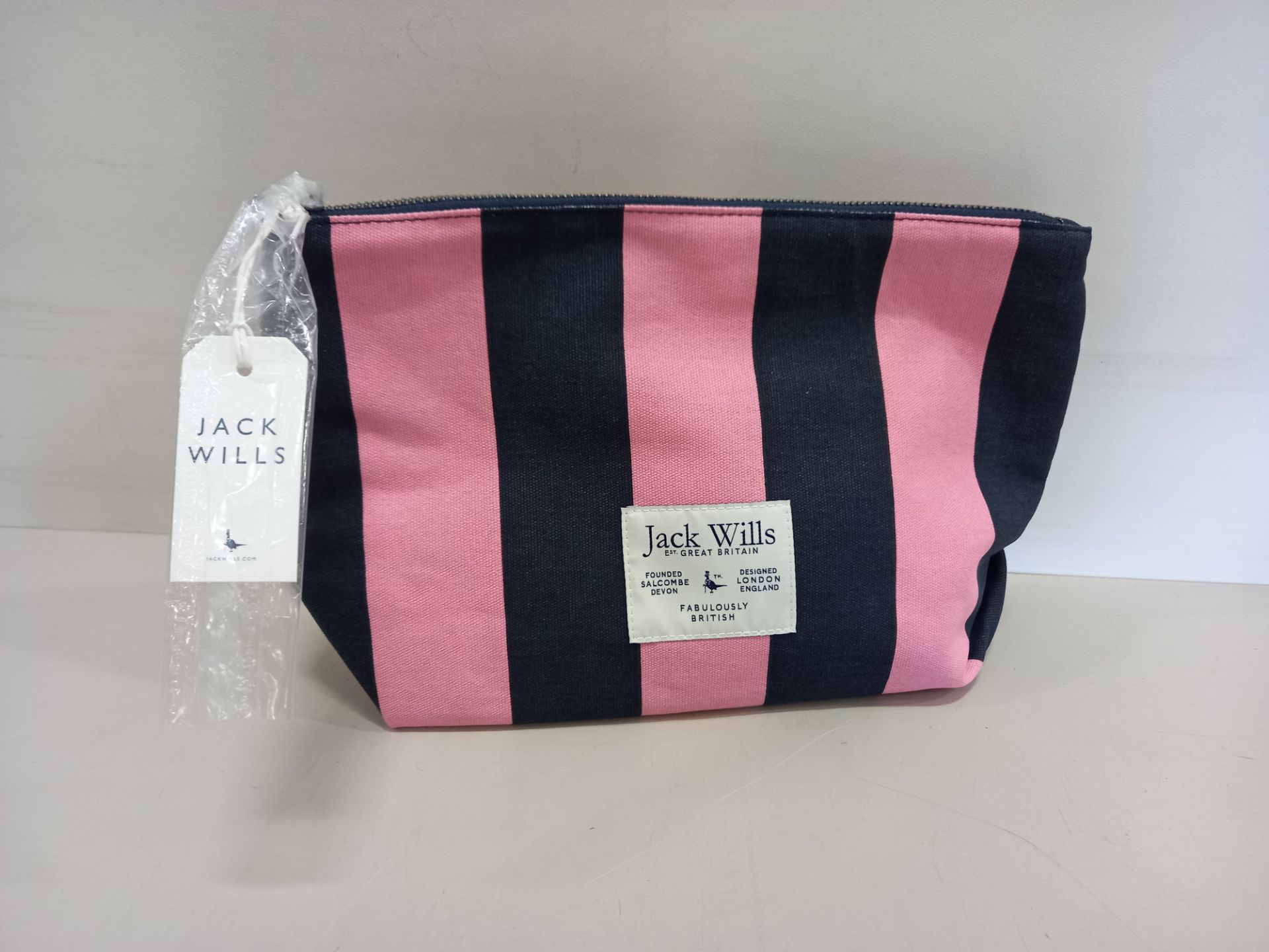 15 X BRAND NEW JACK WILLS HAYLE LARGE POUCH BAGS IN PINK / BLACK STRIPE WITH SWING TICKETS RRP £24.