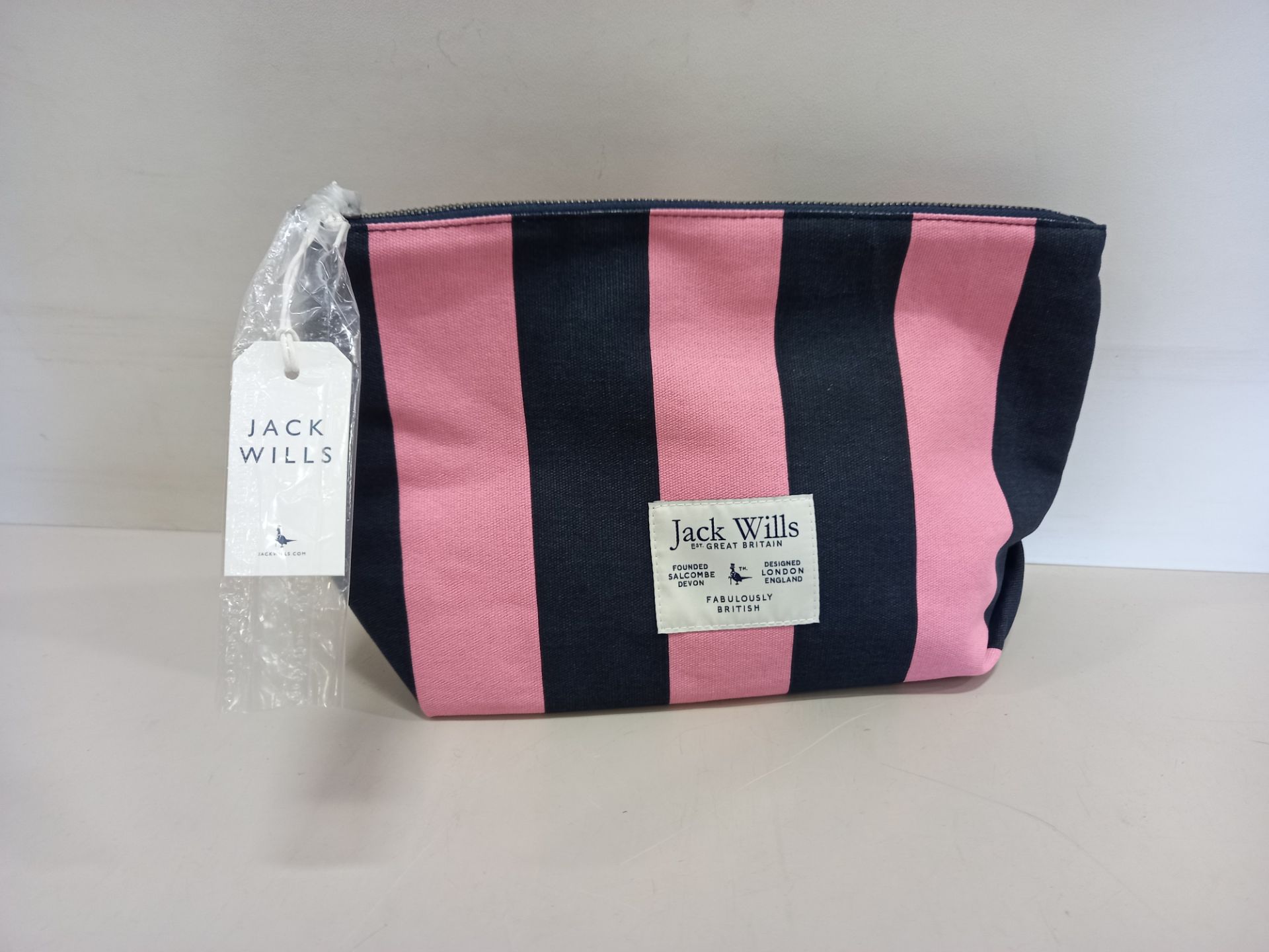 15 X BRAND NEW JACK WILLS HAYLE LARGE POUCH BAGS IN PINK / BLACK STRIPE WITH SWING TICKETS RRP £24.