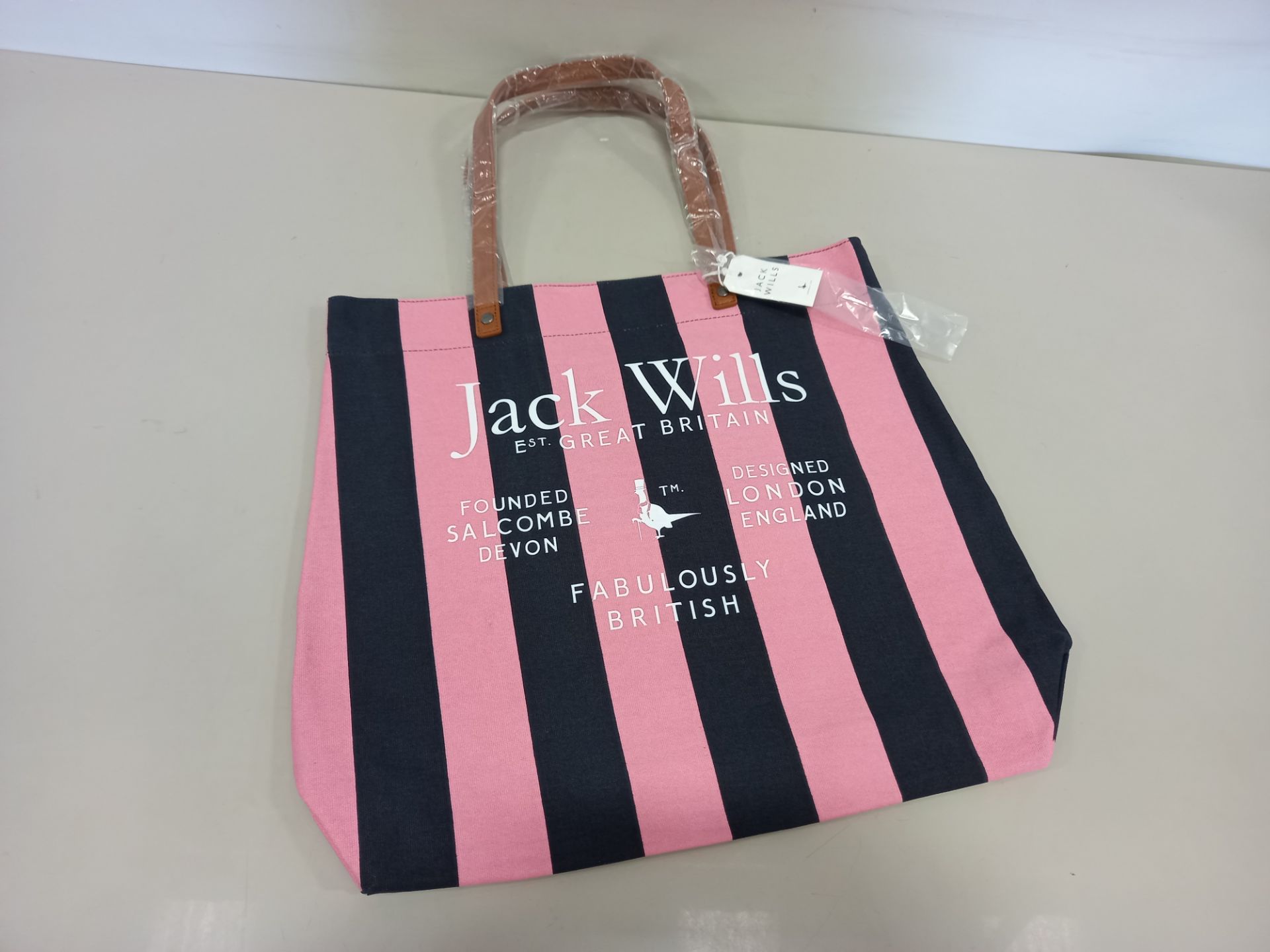 24 X BRAND NEW JACK WILLS EASTLEIGH TOTE BAGS IN PINK / BLACK STRIPE WITH SWING TICKETS RRP £19.95