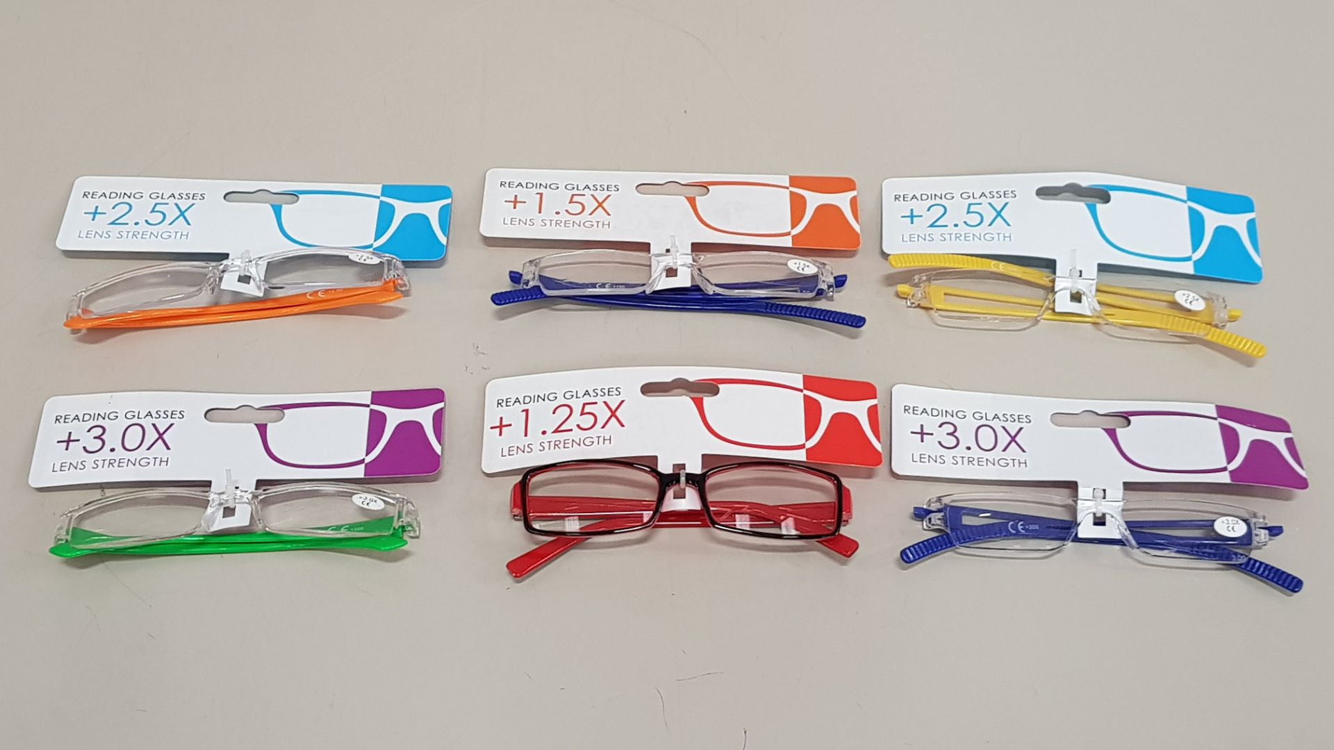 300 X PAIRS OF READING GLASSES IN VARIOUS STRENGTHS FROM 1.25-3.00 WITH HEADER CARDS IN 1 BOX
