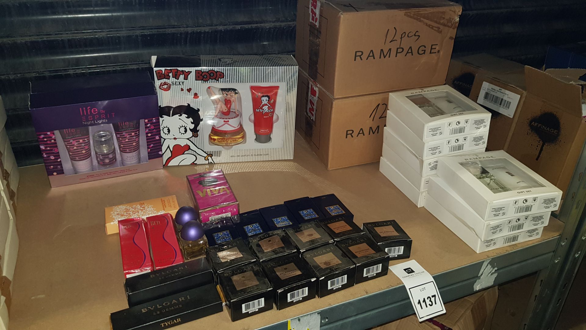 56 PIECE ASSORTED PERFUME LOT CONTAINING RAMPAGE GIFT SETS, BETTY BOOP GIFT SET, LIFE BY SPRIT