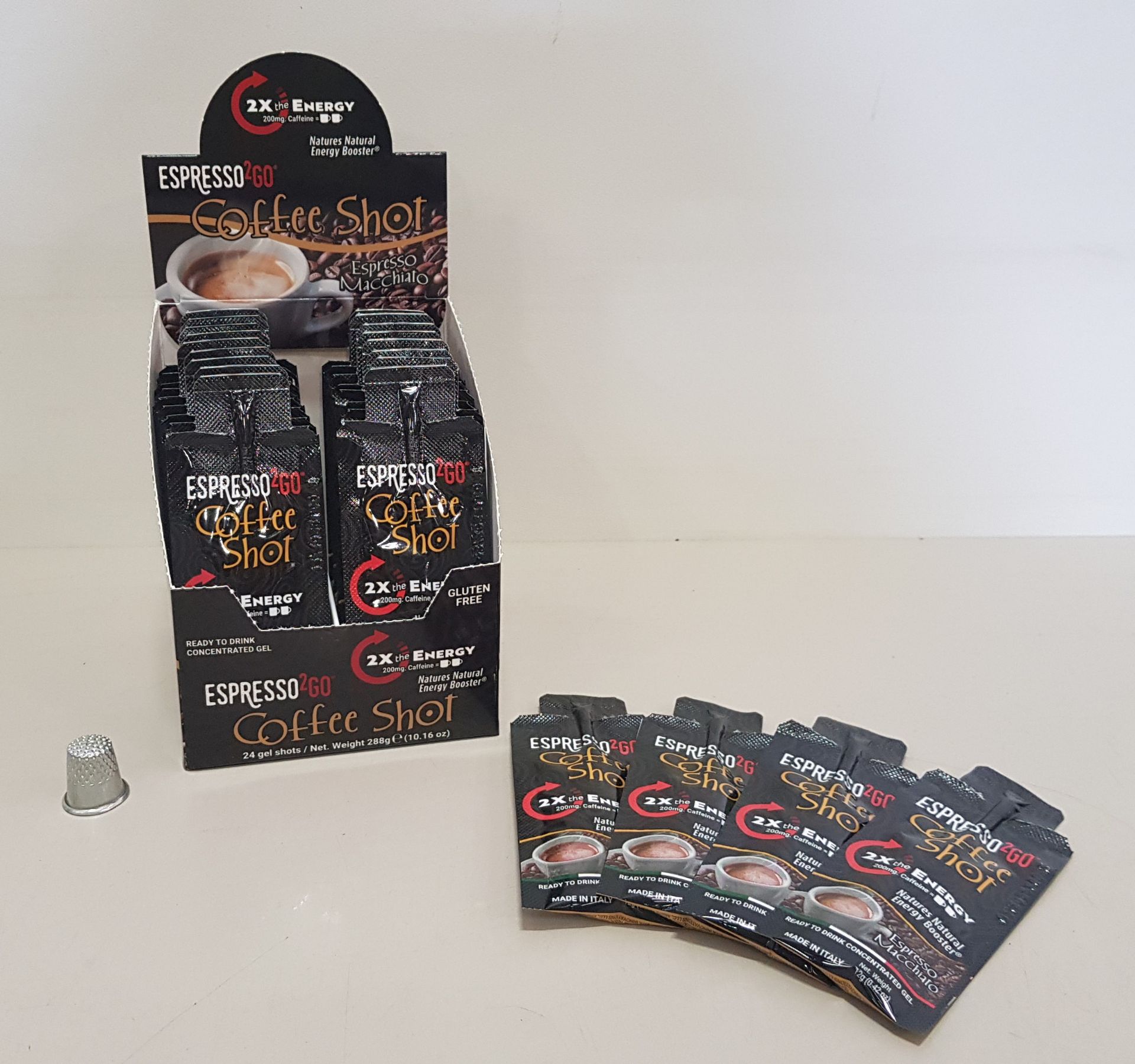 384 X BRAND NEW EXPRESSO TO GO MACCHIATO COFFEE SHOTS 12G IN COUNTER DISPLAY BOXES IDEAL FOR GYMS