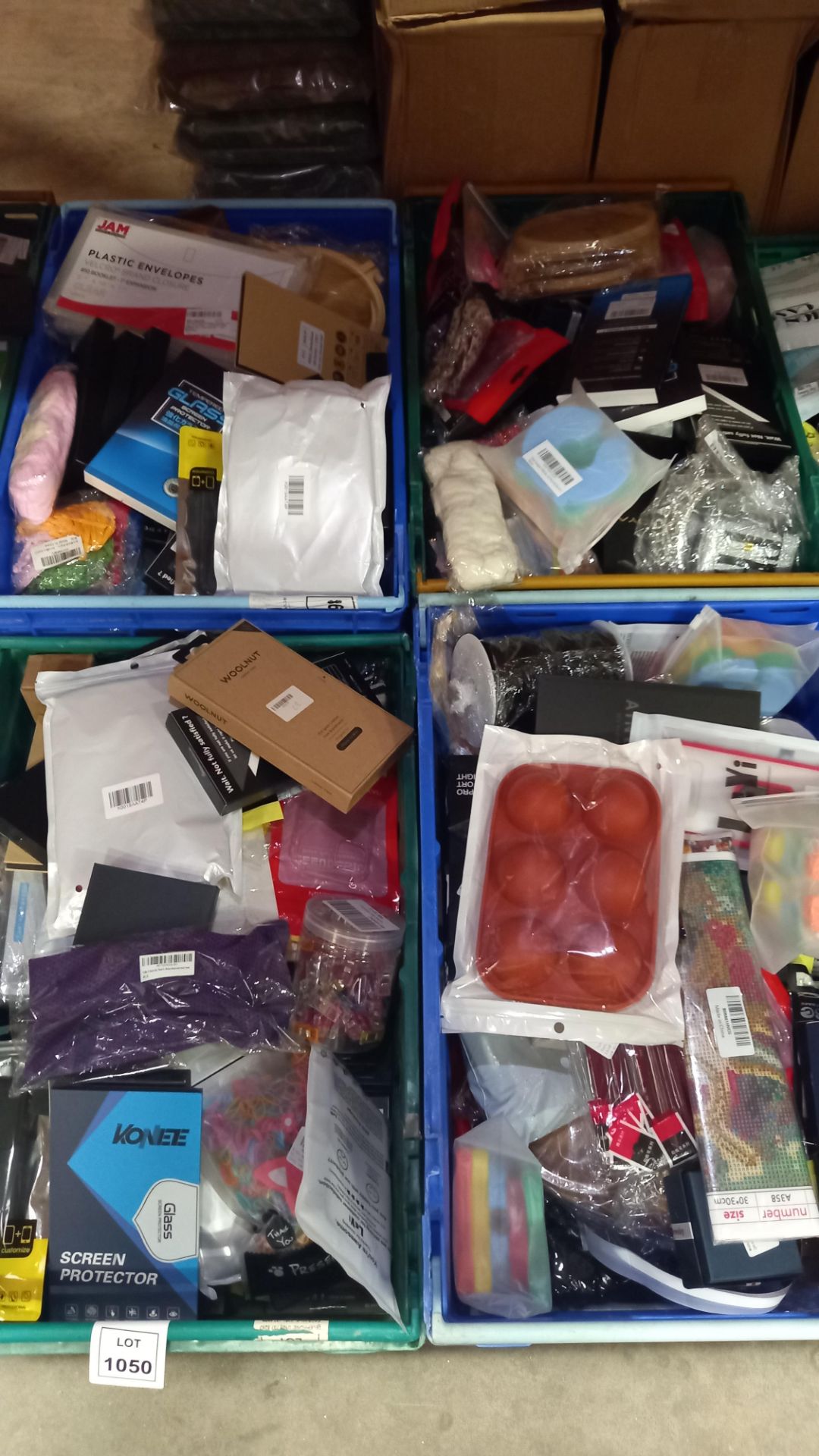 4 TRAYS CONTAINING LARGE QUANTITY OF ASSORTED ITEMS INCLUDING PLASTIC ENVELOPES, BABY TOYS, HAIR