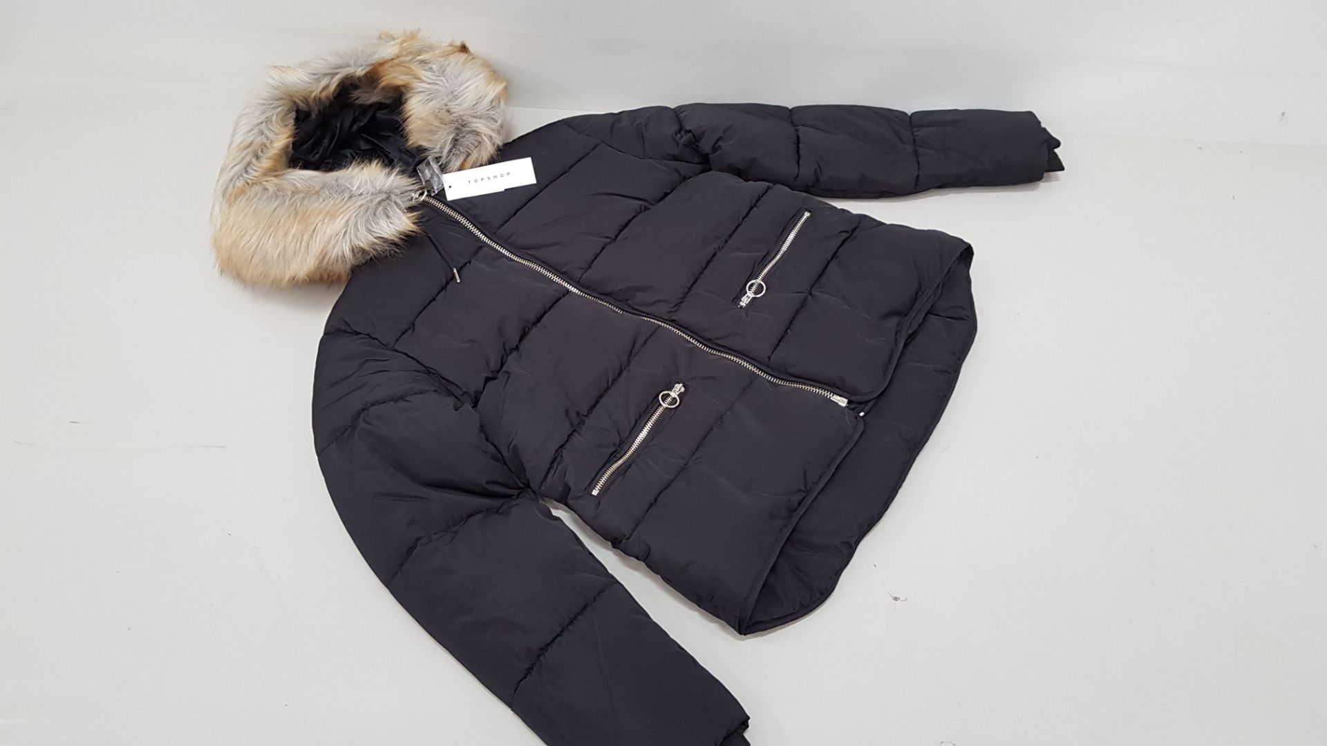 8 X BRAND NEW TOPSHOP NAVY FAUX FUR HOODED PUFFER JACKETS UK SIZE 14 RRP £65.00 (TOTAL RRP £520.00)