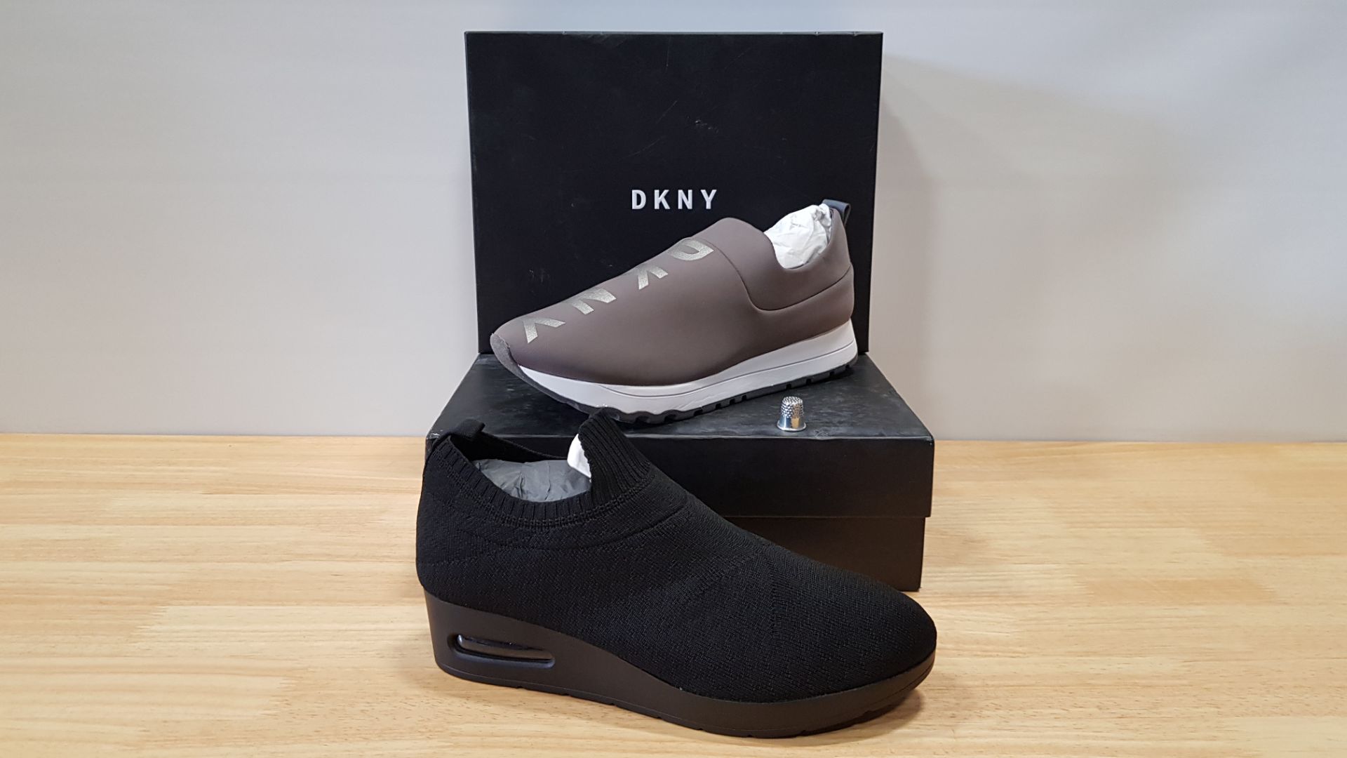 4 X BRAND NEW DKNY TRAINERS IE 1 X JADYN SLIP ON JOGGING TRAINERS AND 3 X ANJI SLIP ON WEDGED