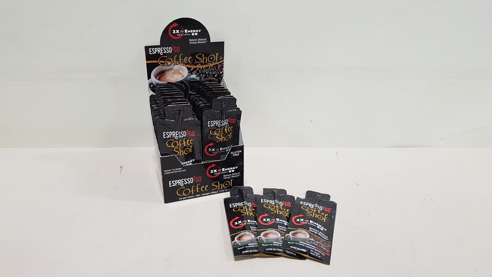 576 X BRAND NEW EXPRESSO TO GO MACCHIATO COFFEE SHOTS 12G IN COUNTER DISPLAY BOXES OF 24 PIECES