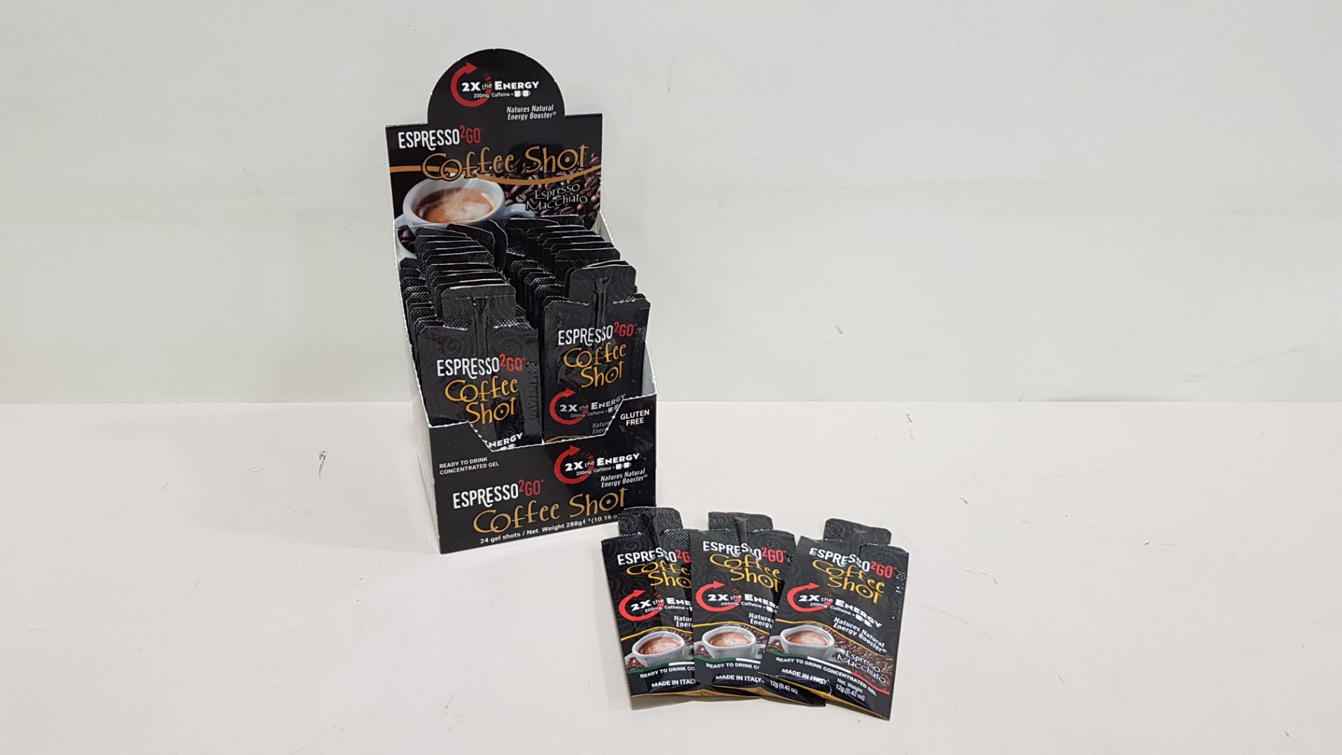 576 X BRAND NEW EXPRESSO TO GO MACCHIATO COFFEE SHOTS 12G IN COUNTER DISPLAY BOXES OF 24 PIECES