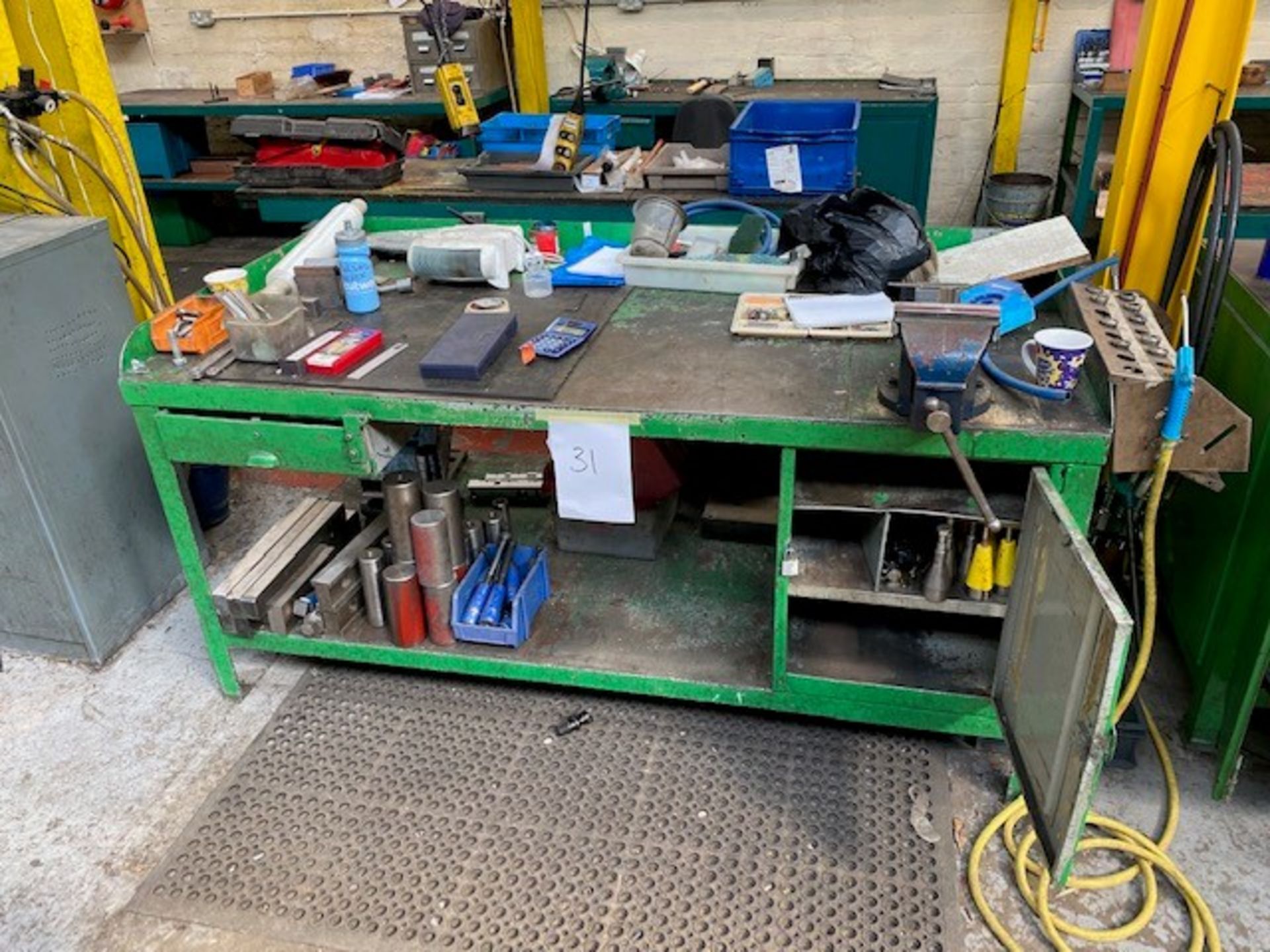 METAL WORK STATION TO INCLUDE: ASSORTED TOOLING, VICE, FAN HEATER, ETC