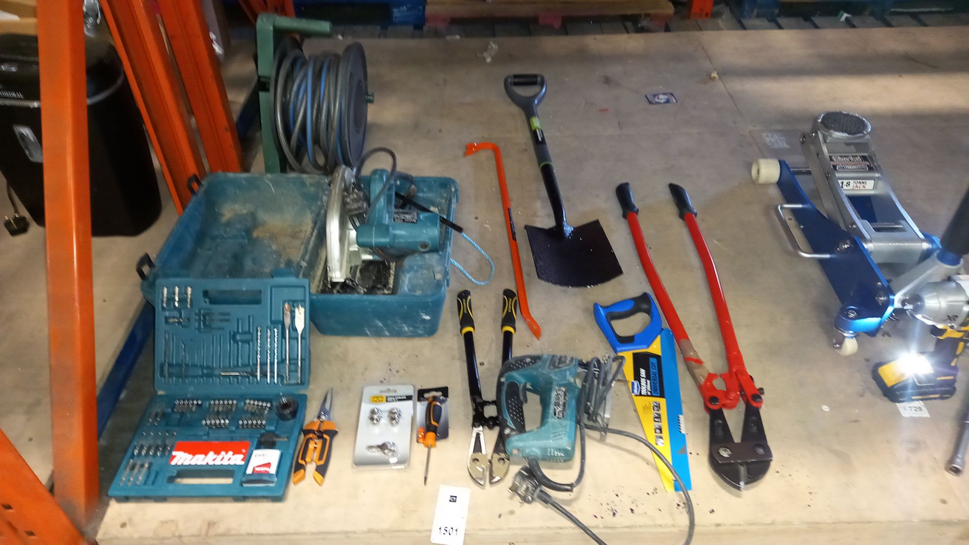 12 PIECE ASSORTED TOOL LOT CONTAINING HAND TOOLS, MAKITA JIGSAWS, MAKITA DRILL BIT SET, BOLT