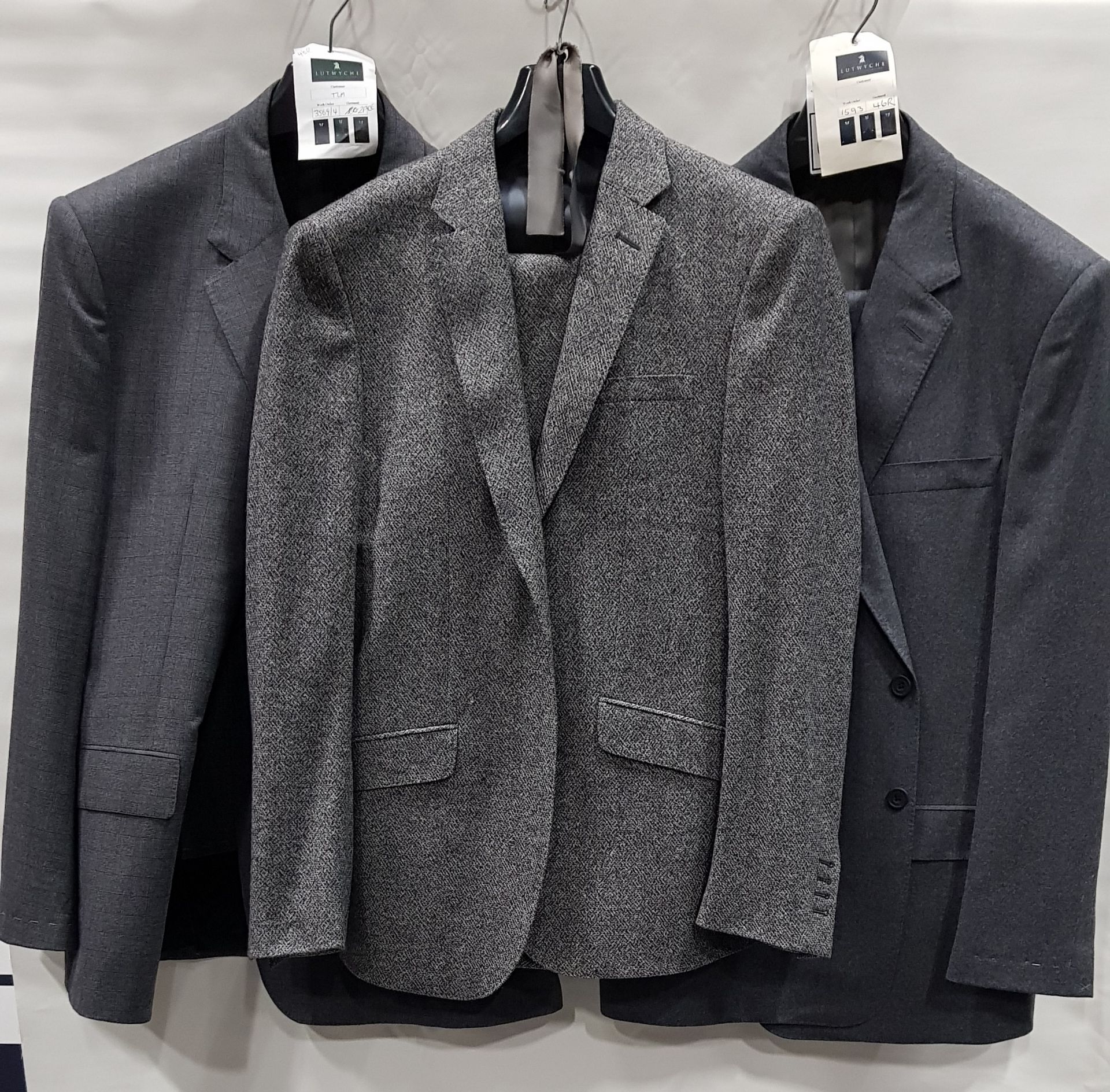 3 X BRAND NEW LUTWYCHE 2 PC GREY SHADES MATCHING SUITS SIZES 46R, 48R, 38R (NOTE NOT FULLY