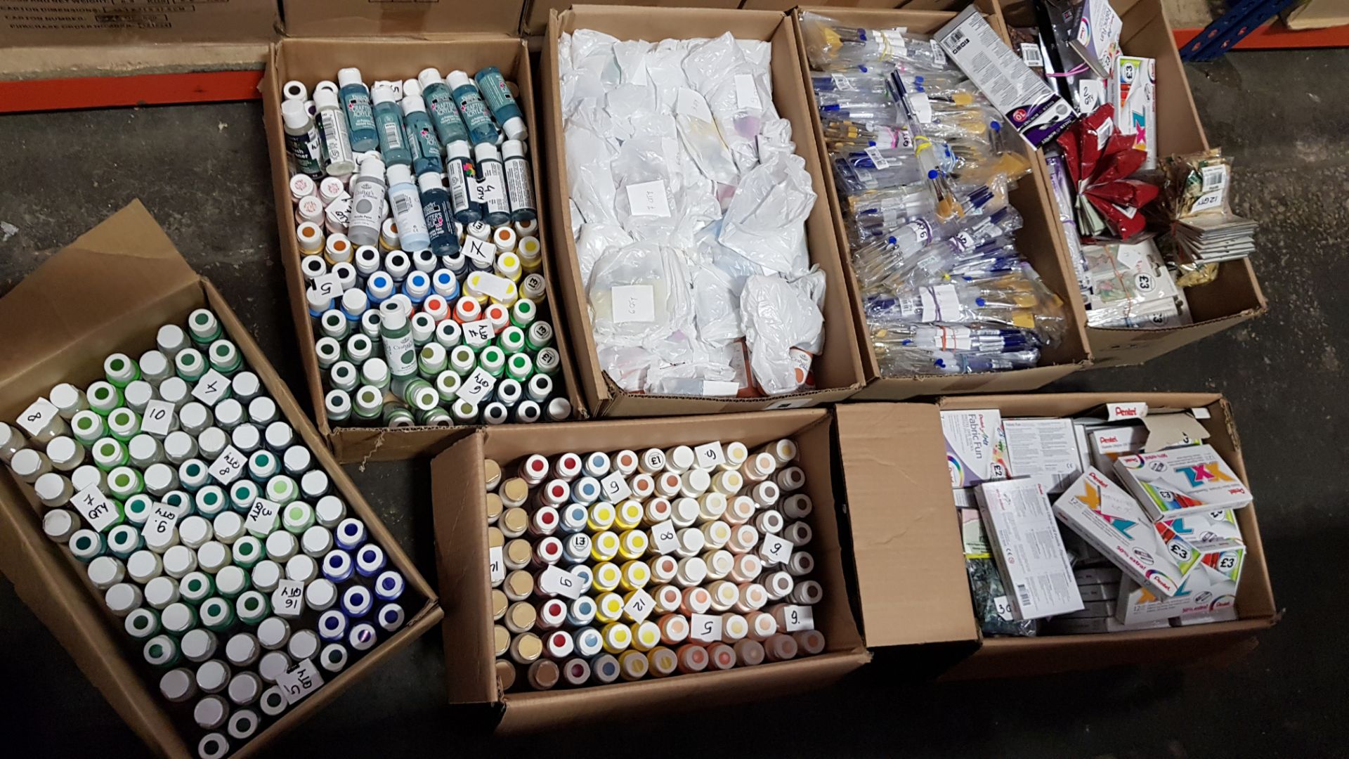 7 BOXES CONTAINING LARGE QUANTITY OF ASSORTED ITEMS INCLUDING VARIOUS COLOURED ACRYLIC PAINTS,