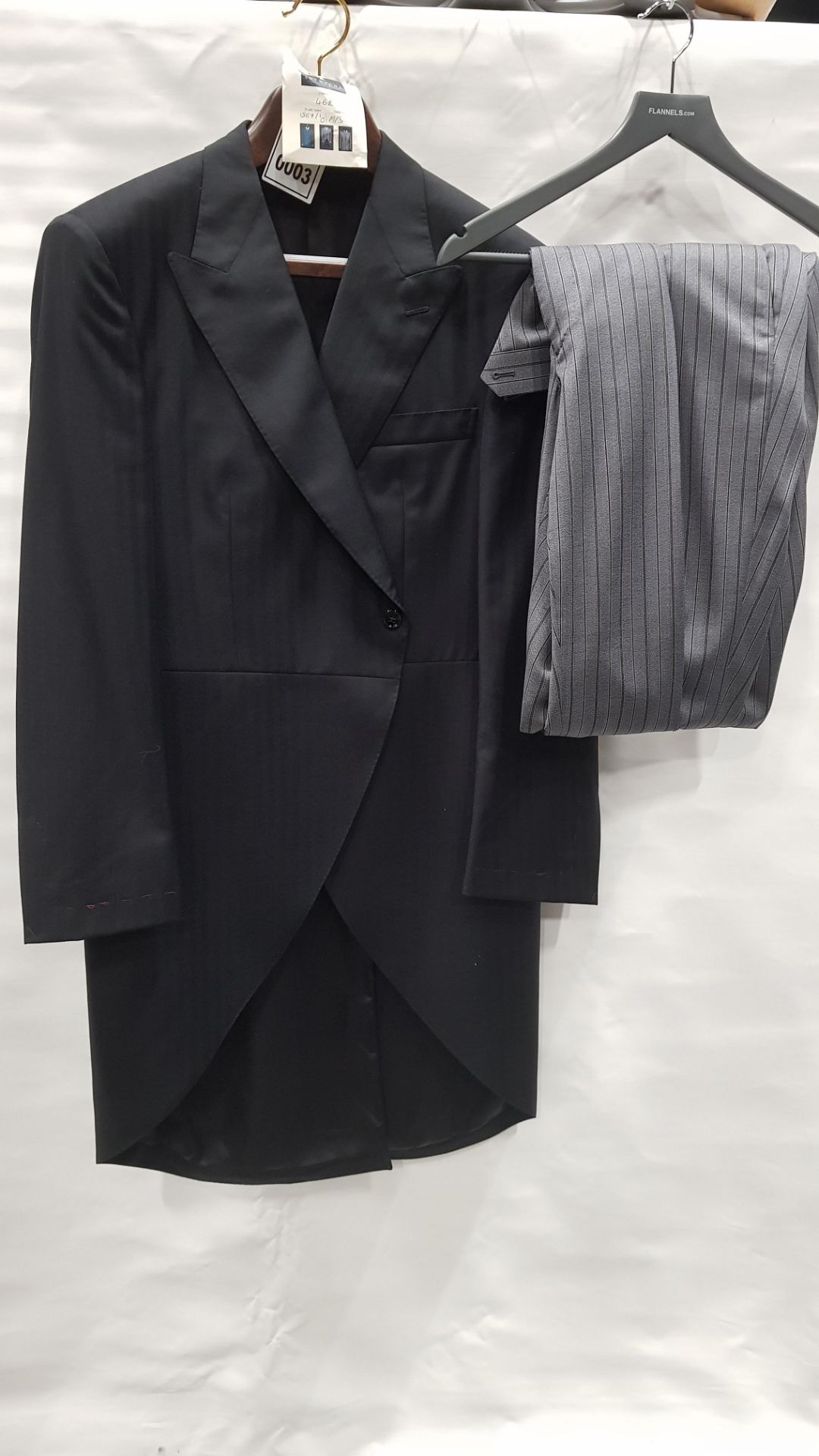 BRAND NEW LUTWYCHE BLACK TAILCOAT & GREY STRIPED TROUSERS (NOTE - NOT FULLY TAILORED) - SIZE 36R