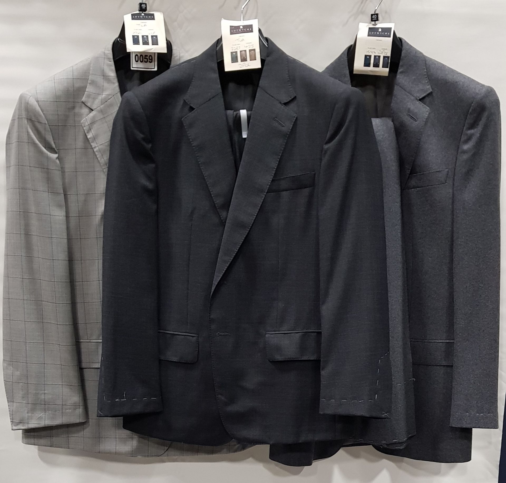 3 X BRAND NEW LUTWYCHE 2 PC GREY SHADES MATCHING SUITS SIZES 46R, 42S, 40L (NOTE NOT FULLY