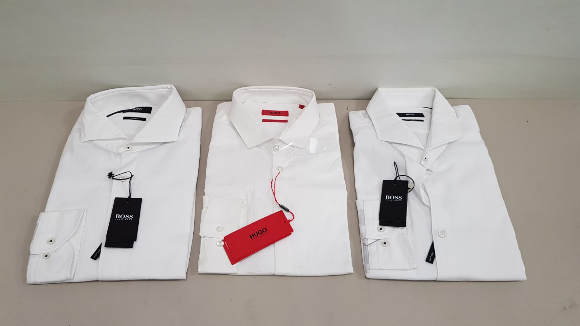 5 X BRAND NEW HUGO BOSS SHIRTS IN VARIOUS SIZES IE REGULAR FIT, SLIM FIT AND EXTRA SLIM FIT RRP £
