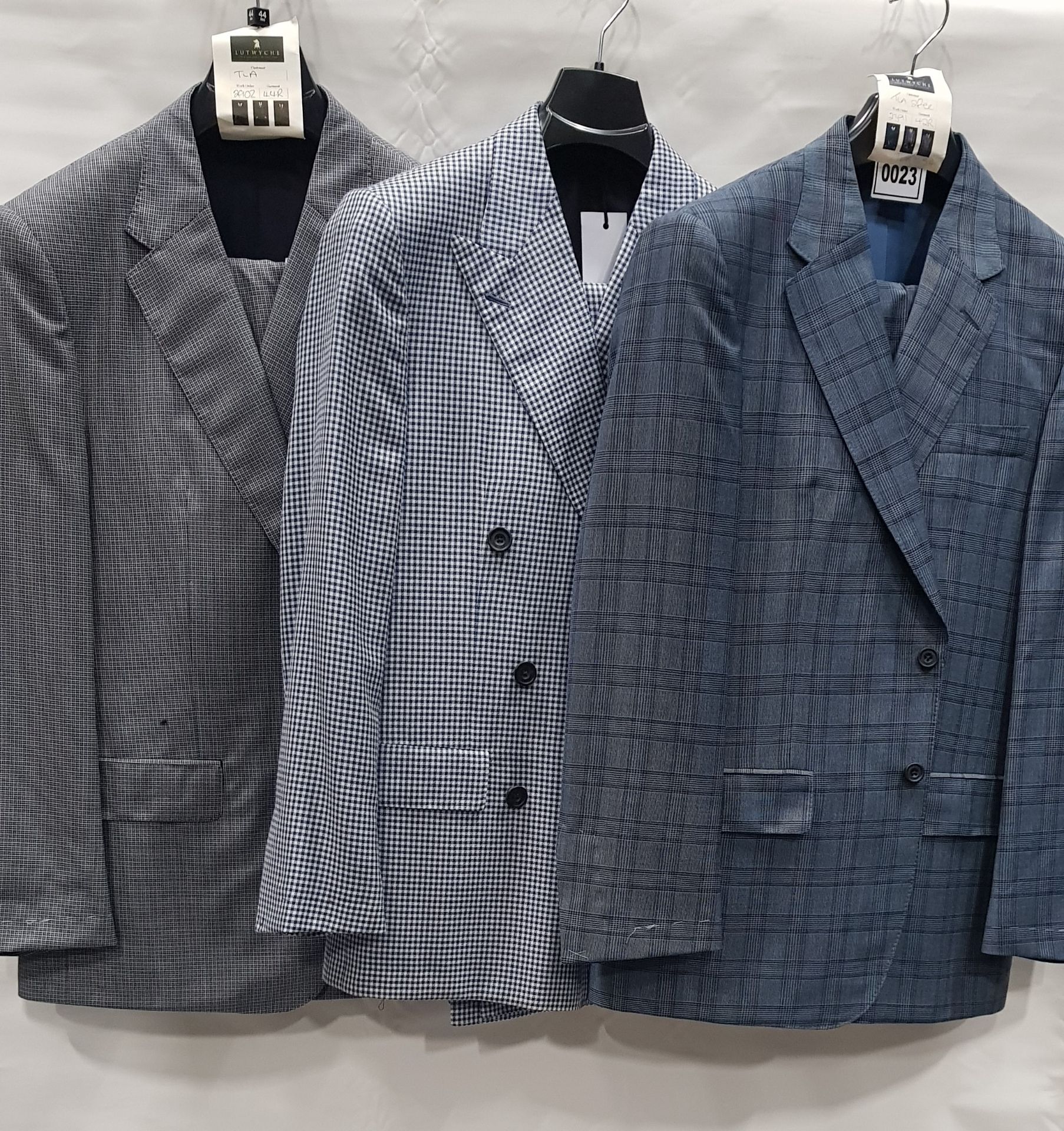 3 X BRAND NEW LUTWYCHE 2 PC COLOURED SUITS SIZES 42R, 40R, 44R (NOTE NOT FULLY TAILORED)