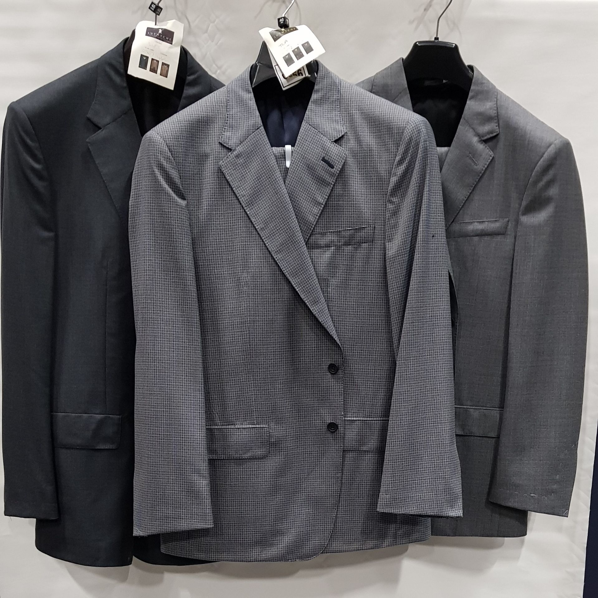 3 X BRAND NEW LUTWYCHE 2 PC GREY SHADES MATCHING SUITS SIZES 46R, 40R, 46L (NOTE NOT FULLY