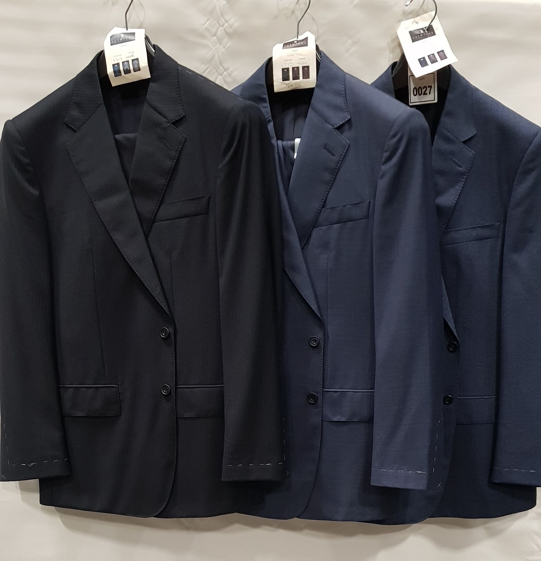 3 X BRAND NEW LUTWYCHE 2 PC DARK BLUE SHADES MATCHING SUITS SIZES 46R, 42R, 42R (NOTE NOT FULLY