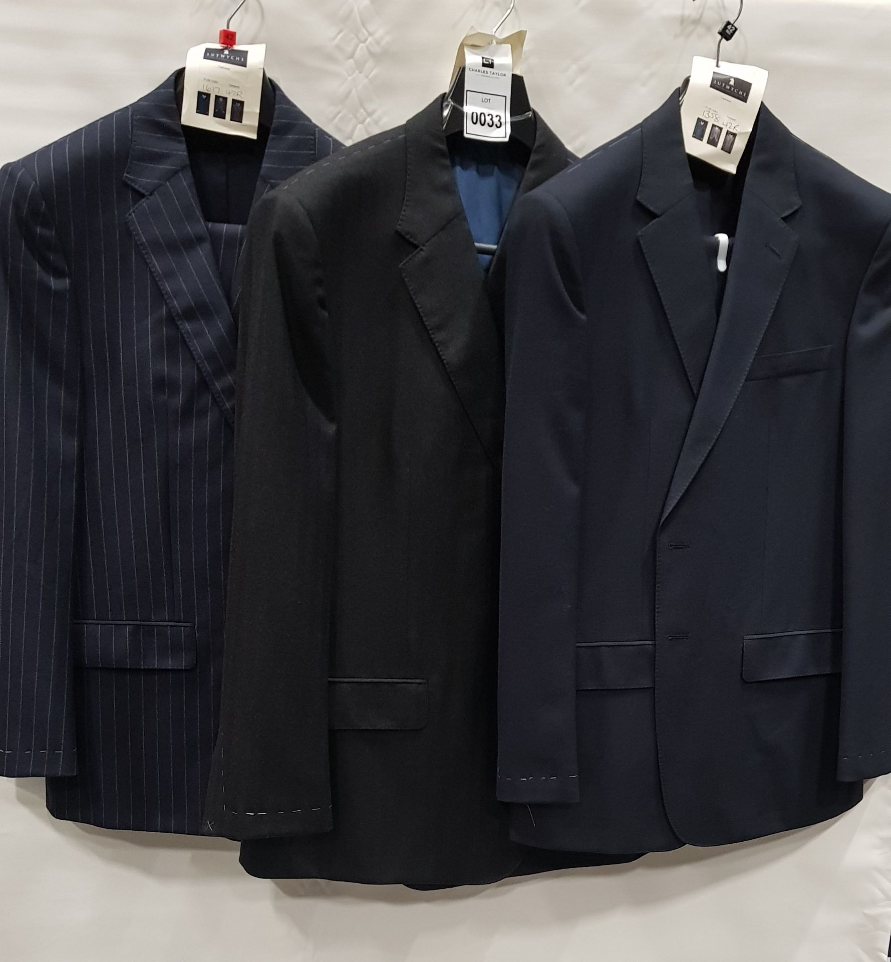 3 X BRAND NEW LUTWYCHE 2 PC DARK BLUE SHADES MATCHING SUITS SIZES 52R, 42R, 42R (NOTE NOT FULLY