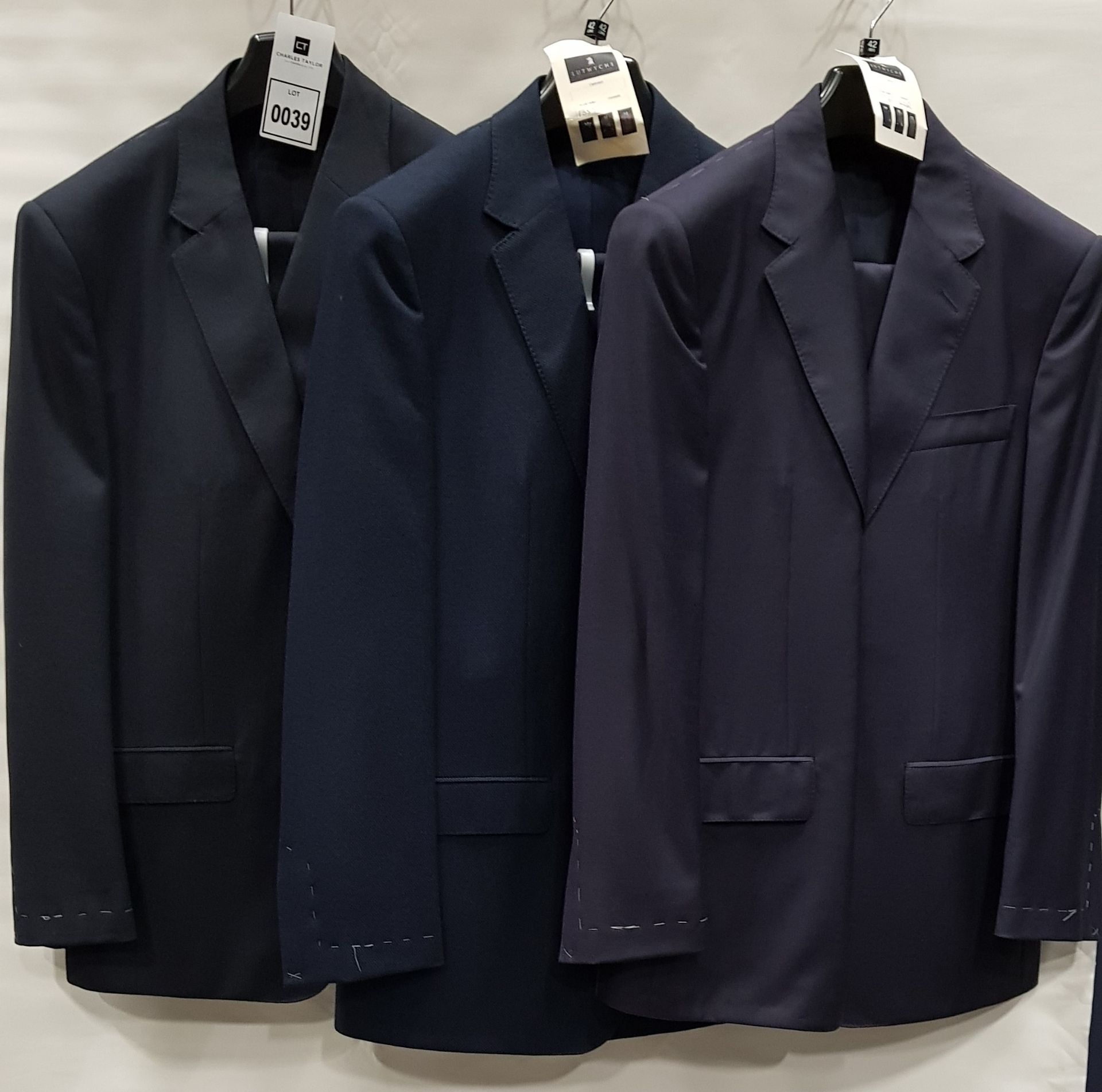 3 X BRAND NEW LUTWYCHE 2 PC DARK BLUE SHADES MATCHING SUITS SIZES 46R, 42R, 42L (NOTE NOT FULLY