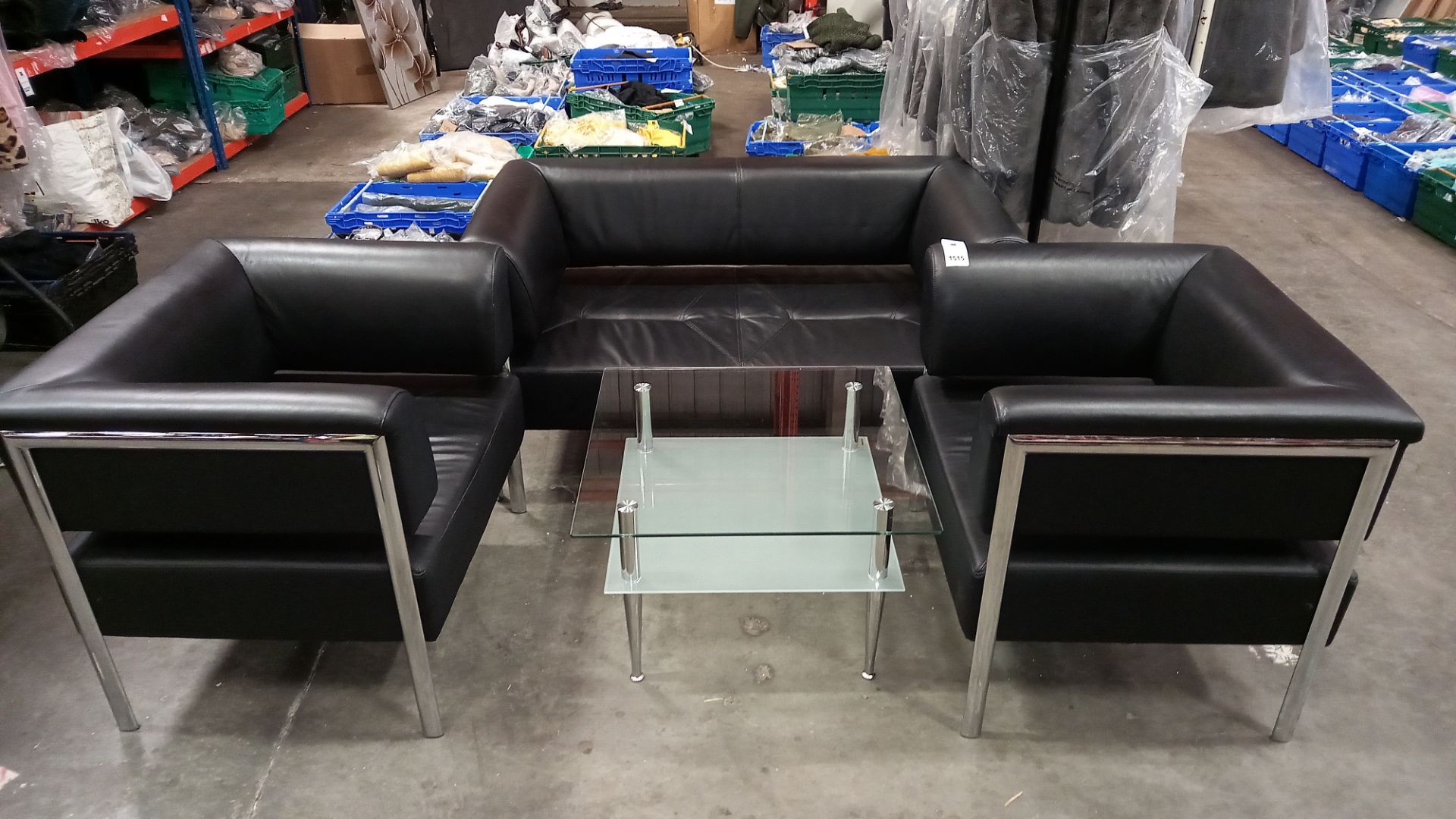 4 PIECE SOFA SET CONTAINING 2 X SINGLE SEATS, 1 X DOUBLE SEAT AND 1 X GLASS TABLE