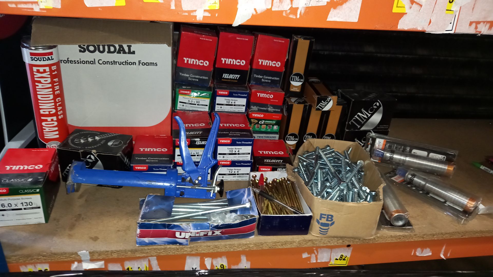 LARGE QUANTITY ASSORTED LOT CONTAINING VARIOUS BOXES OF SCREWS AND BOLTS, SOUDAL EXPANDING FOAM,