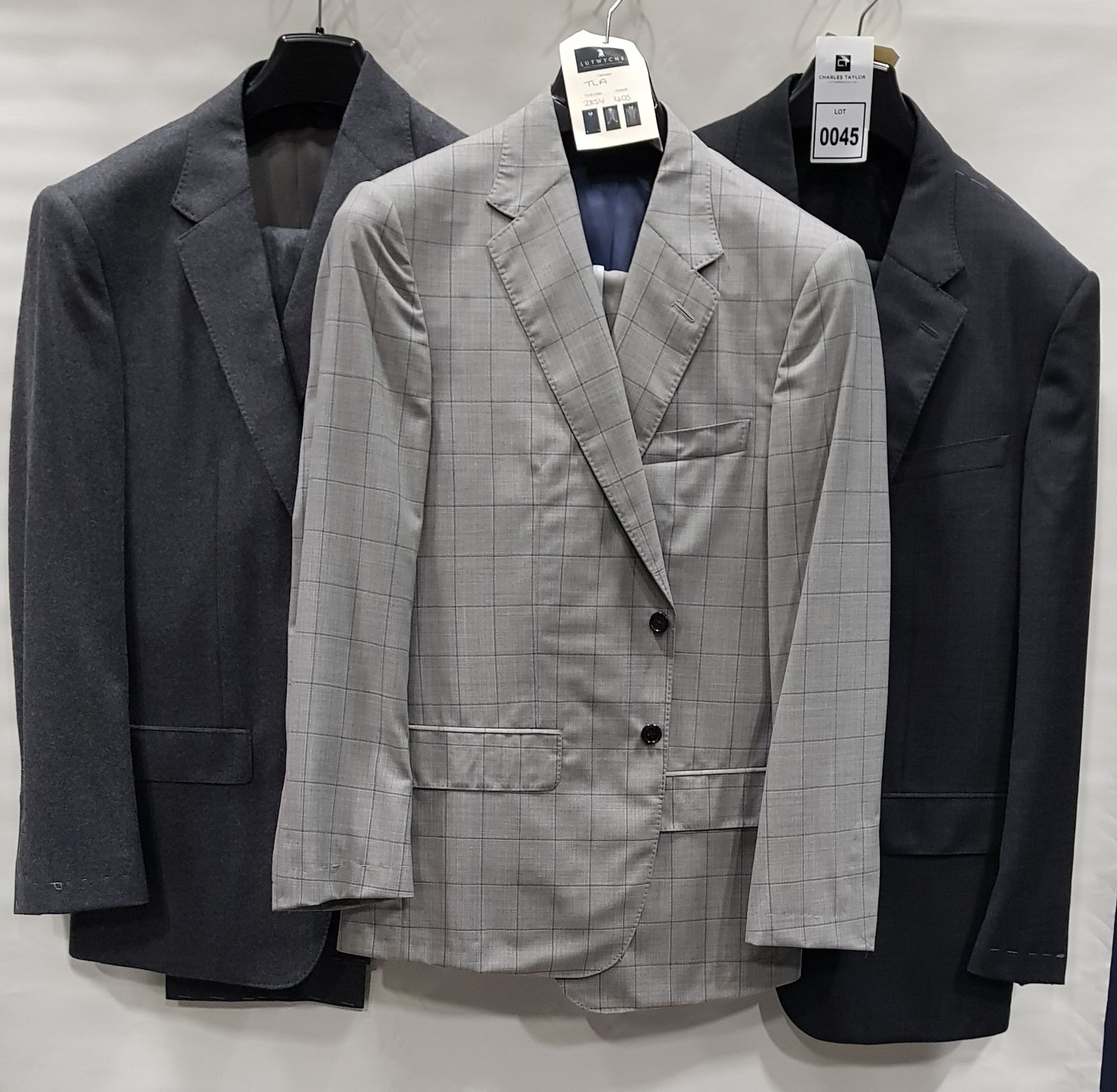 3 X BRAND NEW LUTWYCHE 2 PC GREY SHADES MATCHING SUITS SIZES 46R, 40R, 40S (NOTE NOT FULLY