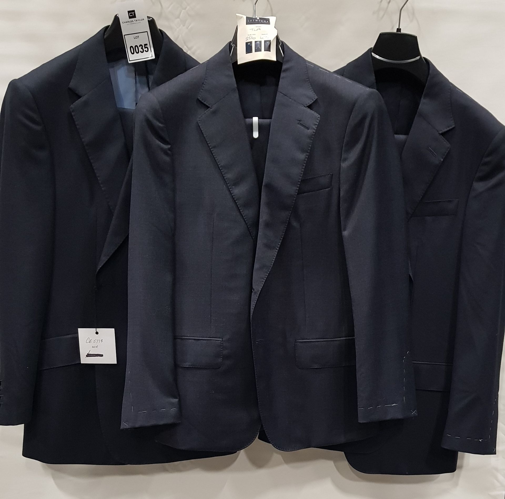 3 X BRAND NEW LUTWYCHE 2 PC DARK BLUE SHADES MATCHING SUITS SIZES 41R, 40R, 40S (NOTE NOT FULLY