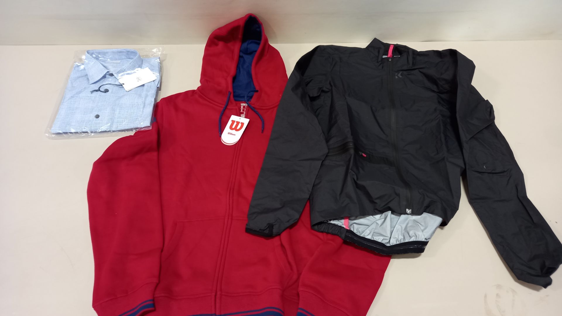 6 PIECE MIXED CLOTHING LOT CONTAINING CALF JACKET SIZE LARGE, WILSON HOODIE SIZE MEDIUM, ELIZA J