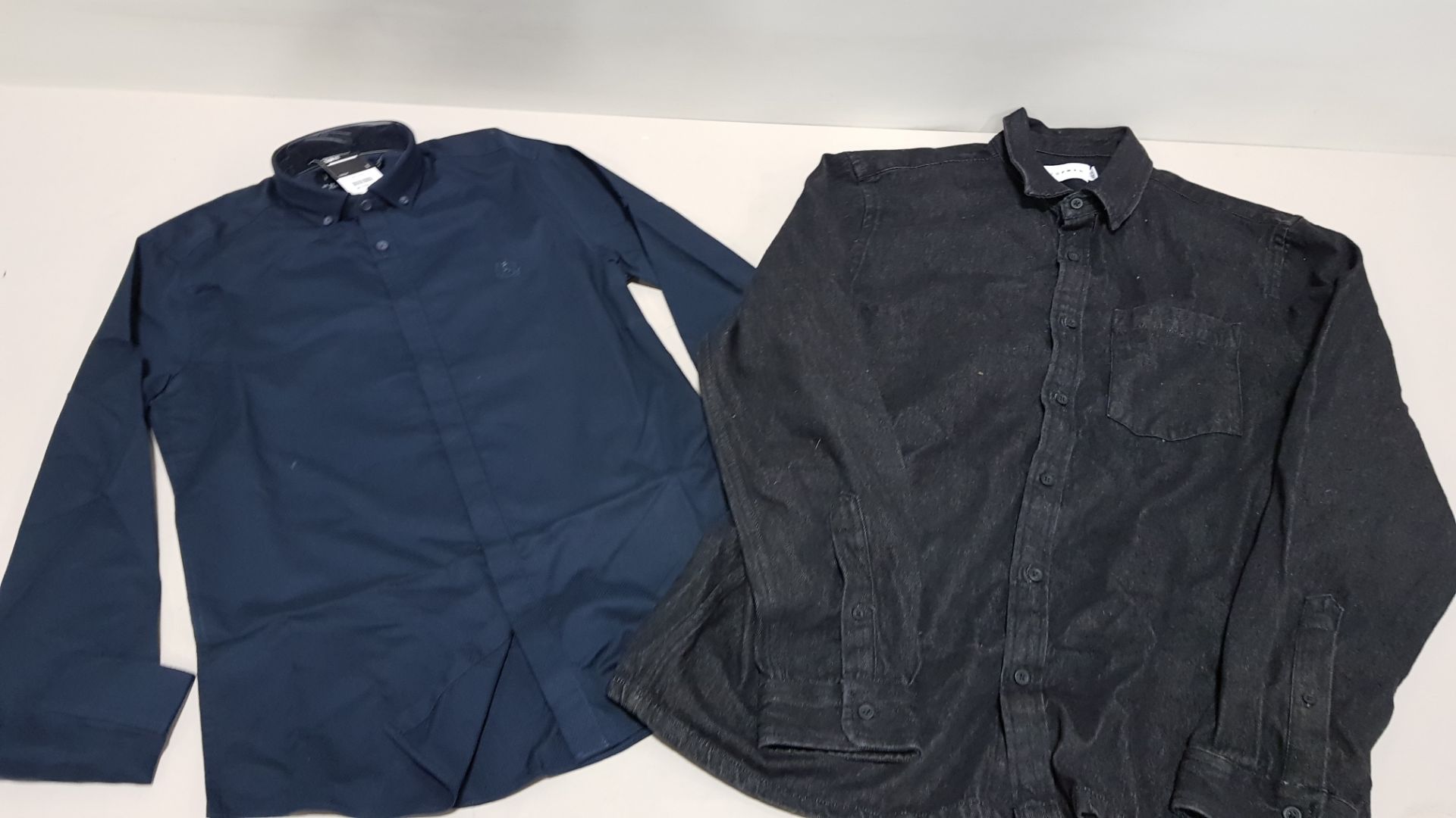 26 PIECE MIXED TOPMAN CLOTHING LOT CONTAINING CHARCOAL LONG SLEEVED DENIM SHIRTS AND NAVY SLIM FIT