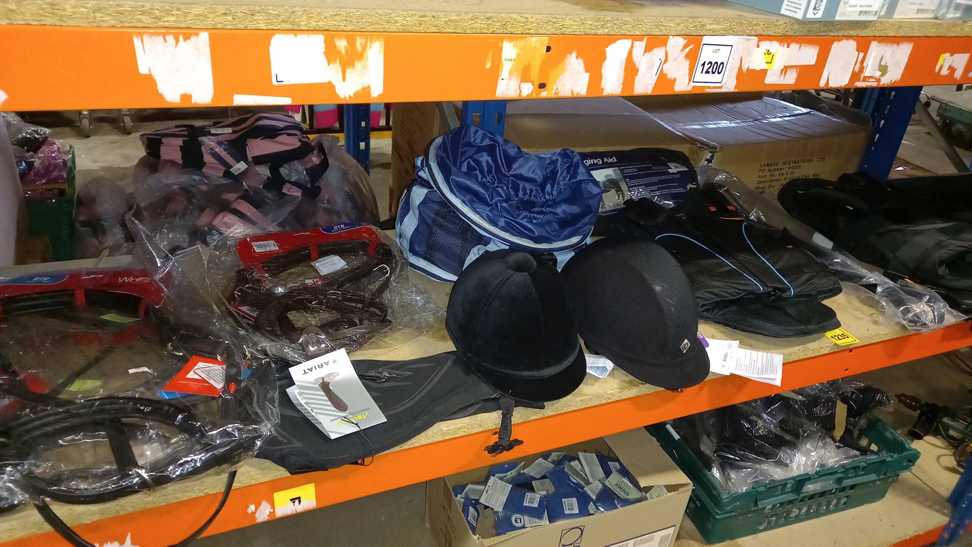 12 X BRAND NEW HORSE RIDING WEAR AND TACKLE IE. 2 X CHARLES & OWEN RIDING HATS (6 5/8 - 54 &6 1/