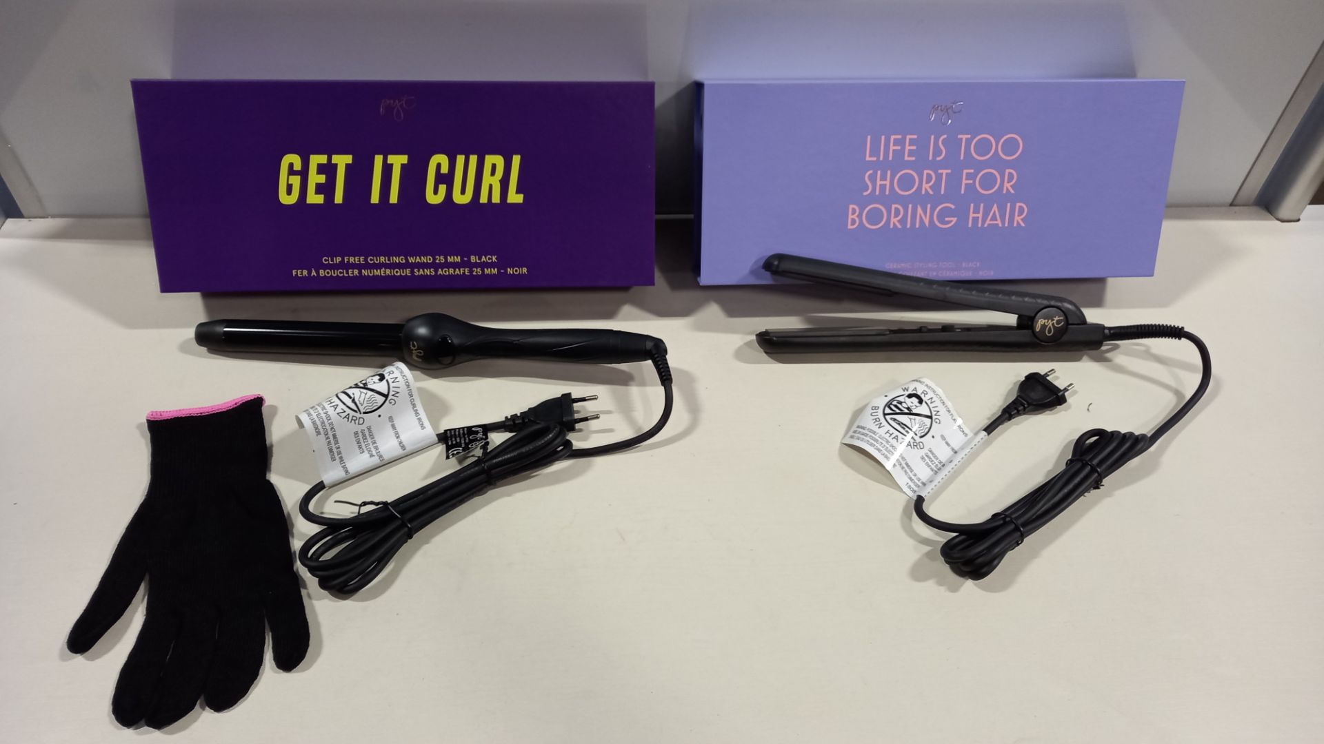 2 X BRAND NEW PYT (PRETTY YOUNG THING) HAIR STYLING TOOLS IE. 1 X STRAIGHTENER TONGUES BLACK, 1 X
