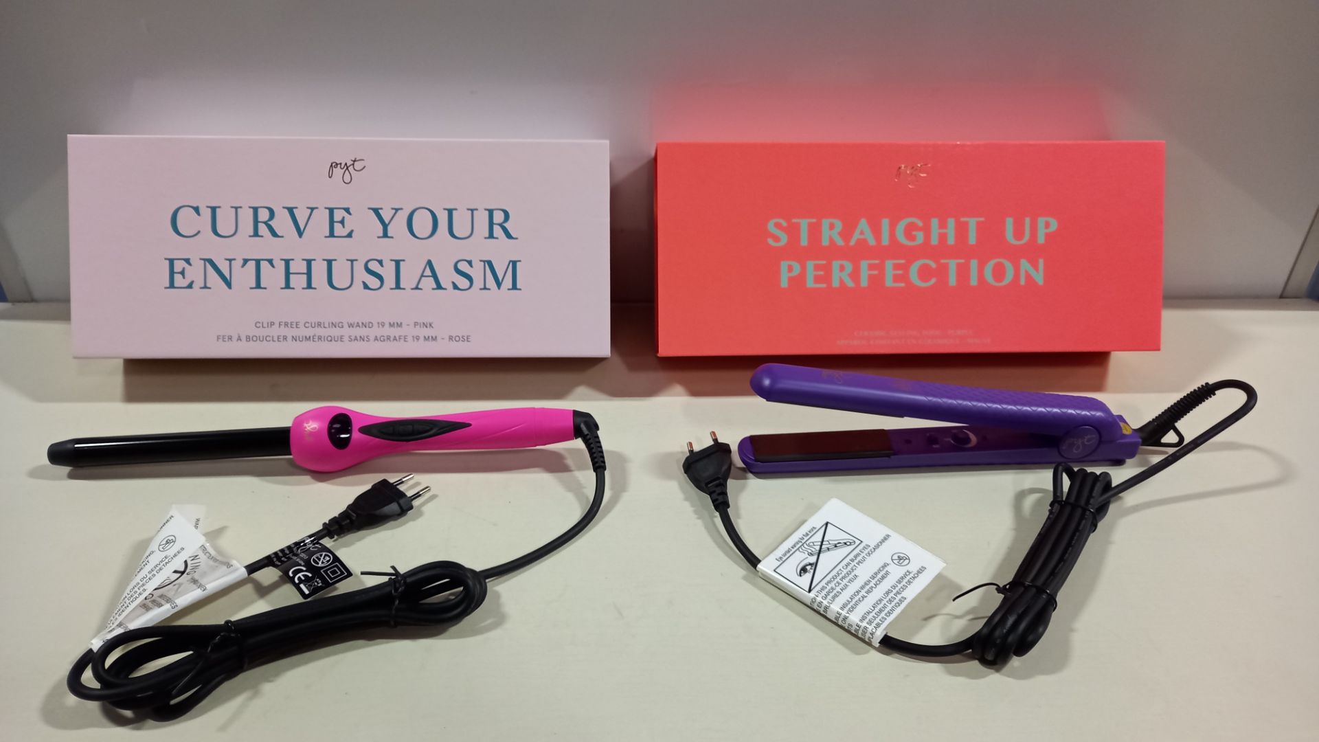 2 X BRAND NEW PYT (PRETTY YOUNG THING) HAIR STYLING TOOLS IE. 1 X STRAIGHTENER TONGUES PURPLE, 1 X