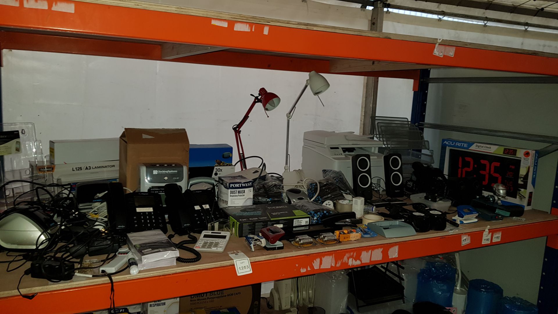 FULL BAY CONTAINING HP PRINTER, HP INK LAMINATOR, ELECTRONIC TIME RECORDER, LOGITECH SPEAKERS,