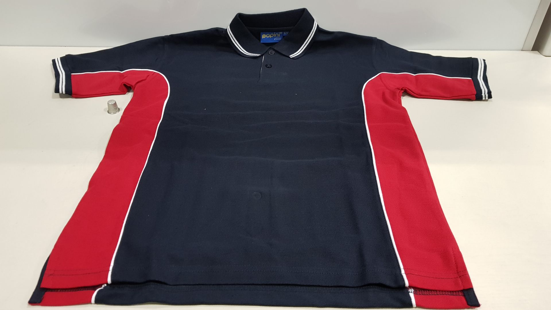 50 X BRAND NEW PAPINI NAVY / RED POLO SHIRTS - SIZED 11-12 YEARS