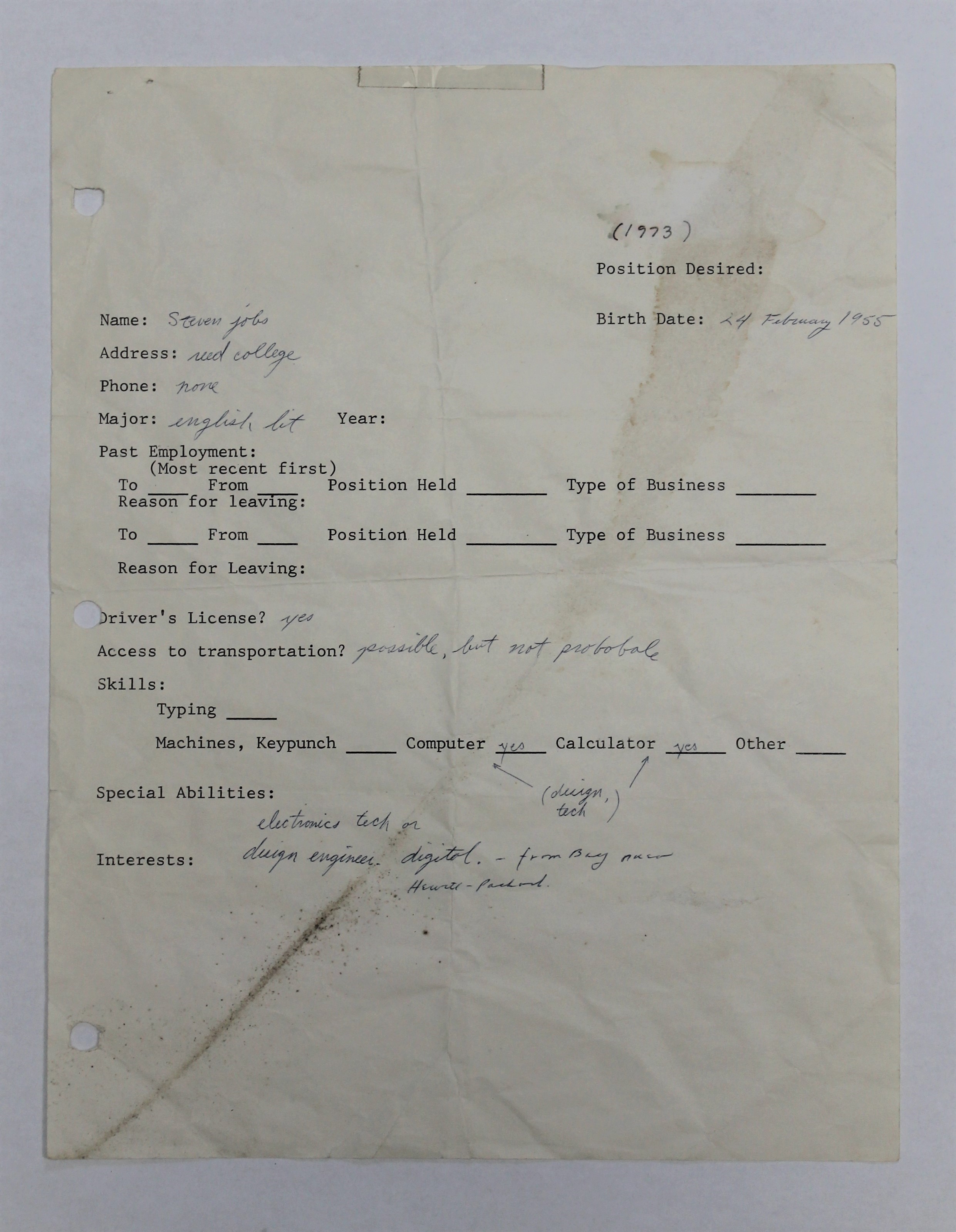 Steve Jobs 1973 Hand-Written and Signed Job Application