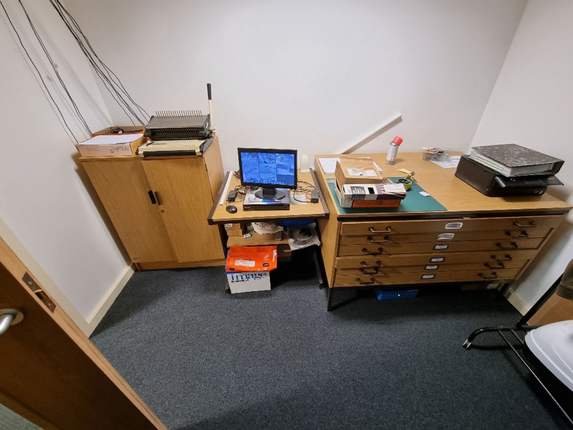 Contents of room comprising:- 2 storage cabinets, desk, 6 drawer architects plan chest, clothing