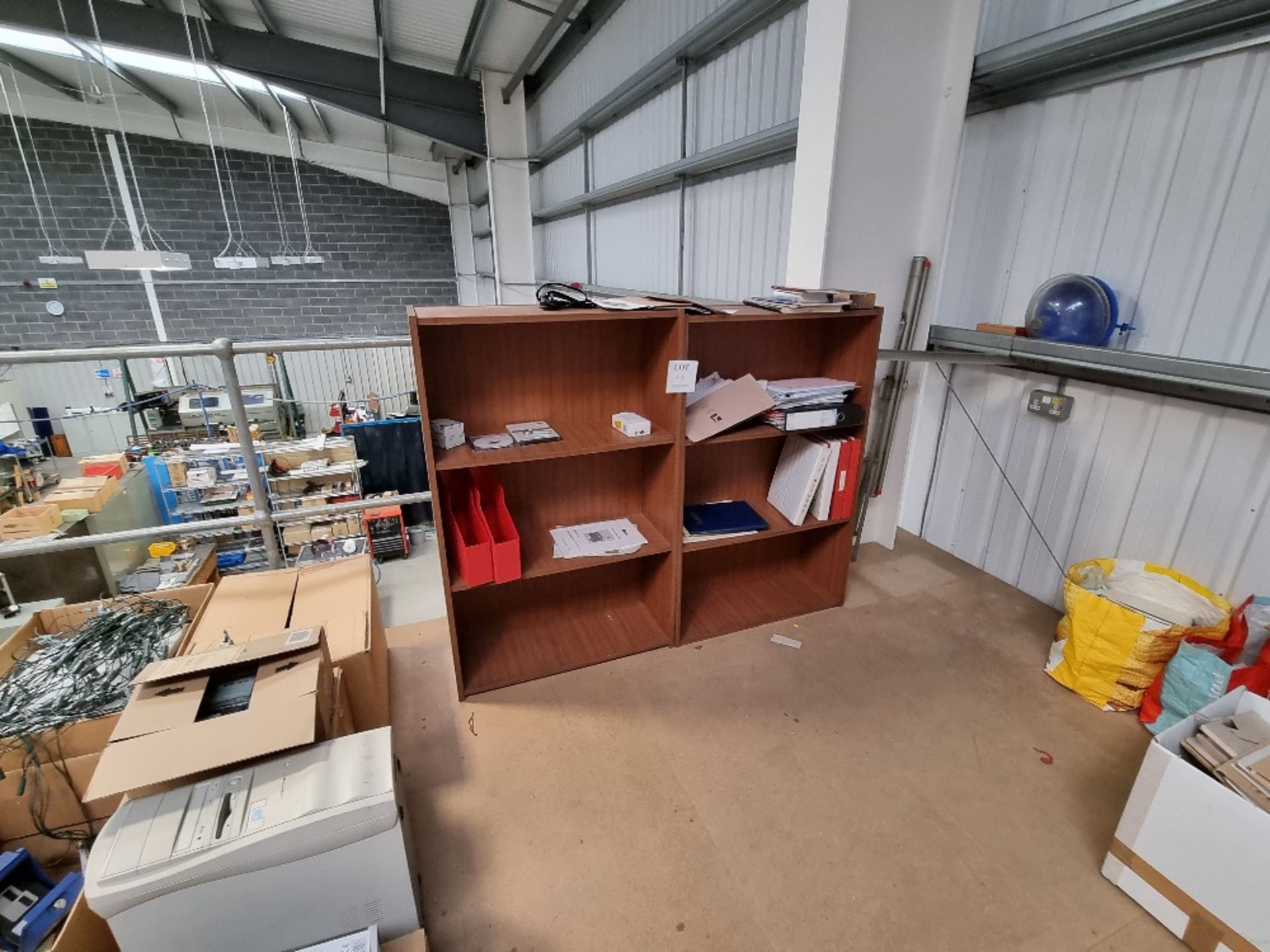 Contents of mezzanine floor comprising:- 3 - mobile wire shelving units, 2 - bookcases, desk and 6 - Image 2 of 3