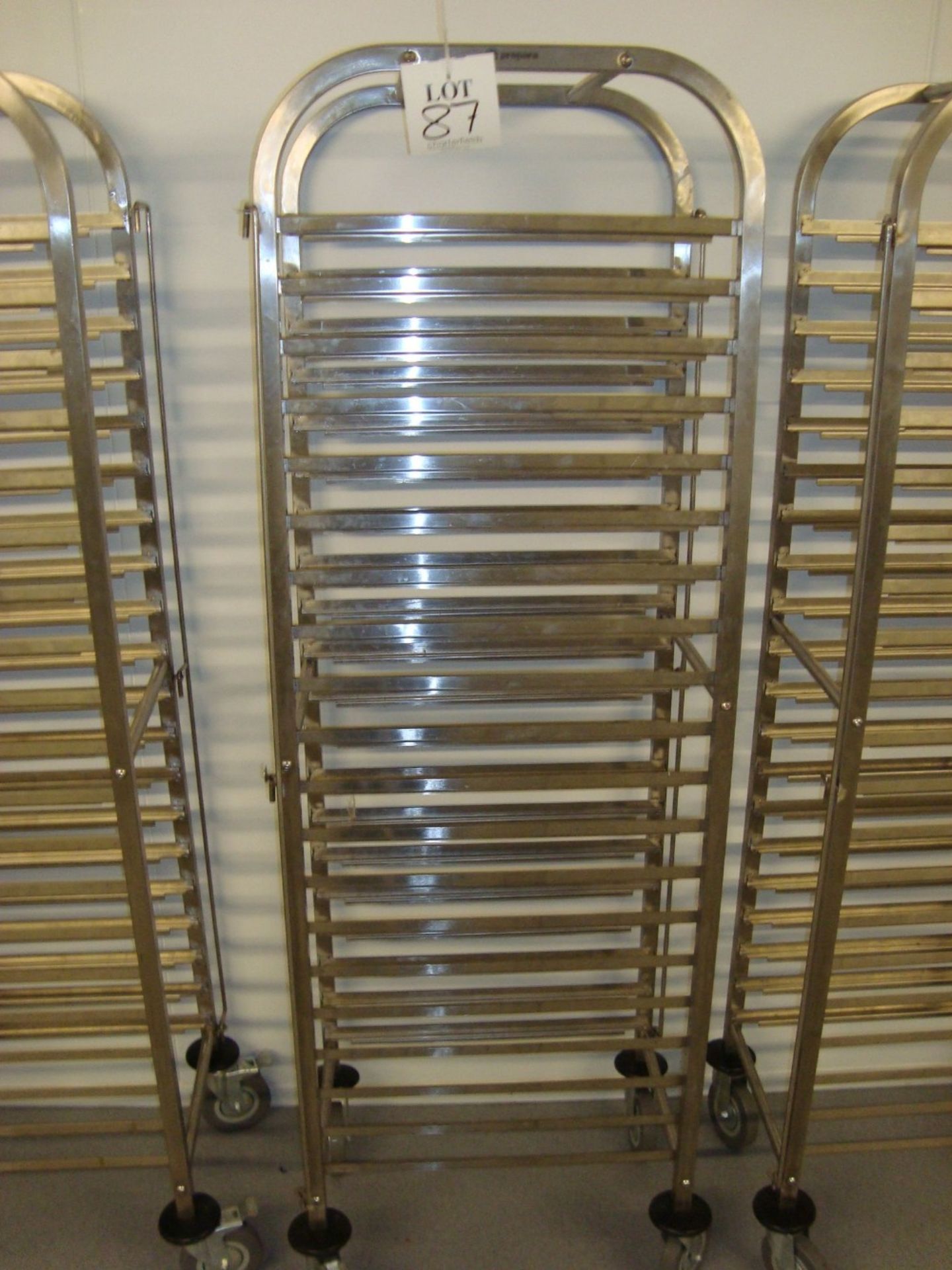 A Prepara mobile stainless steel full height tray rack