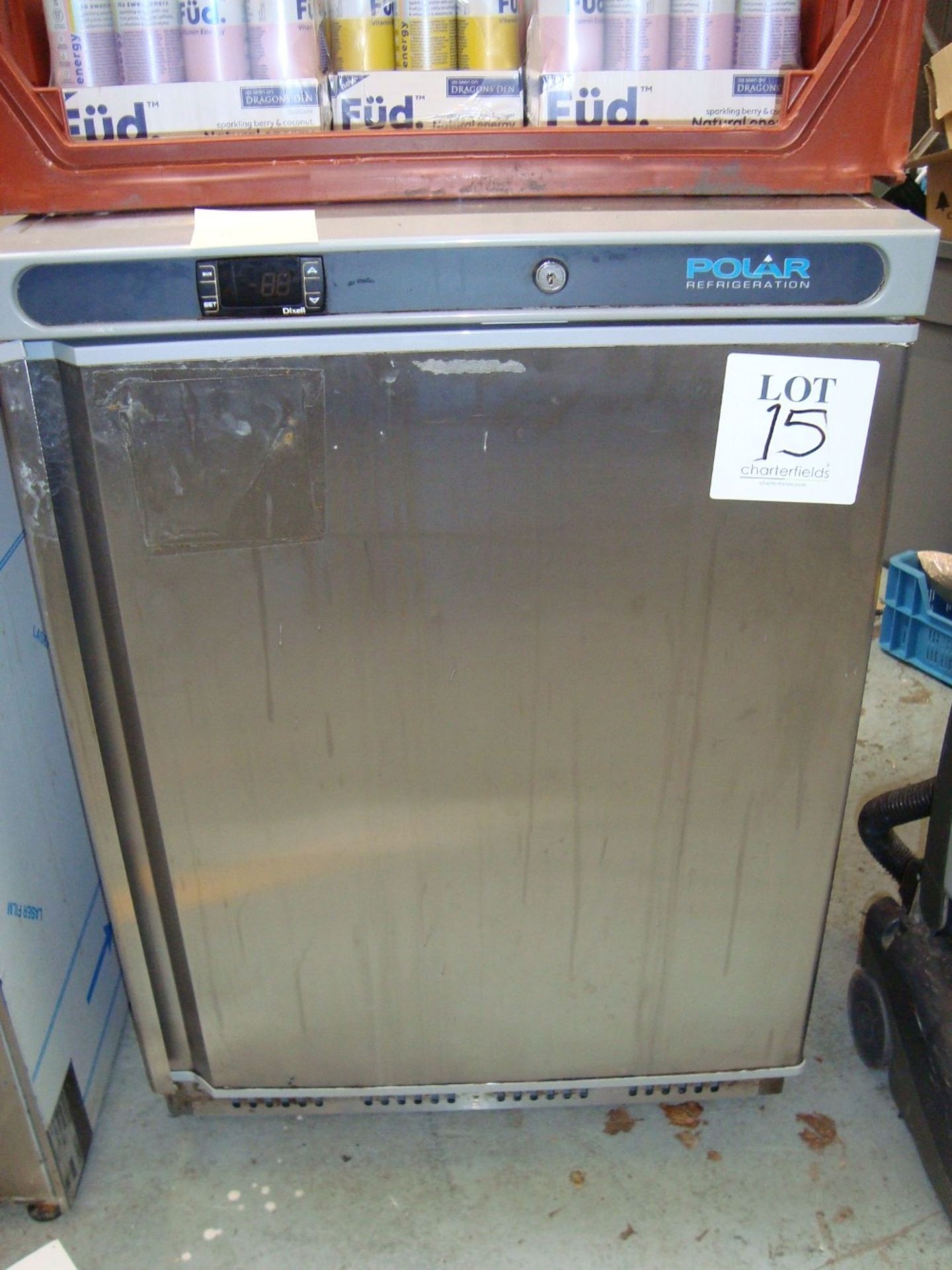 A Polar CD080 stainless steel low height single door fridge. Serial No. 6211484